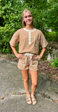 Zig Zag Stripe Pattern Henley Knit Top & Shorts Set {Brown}