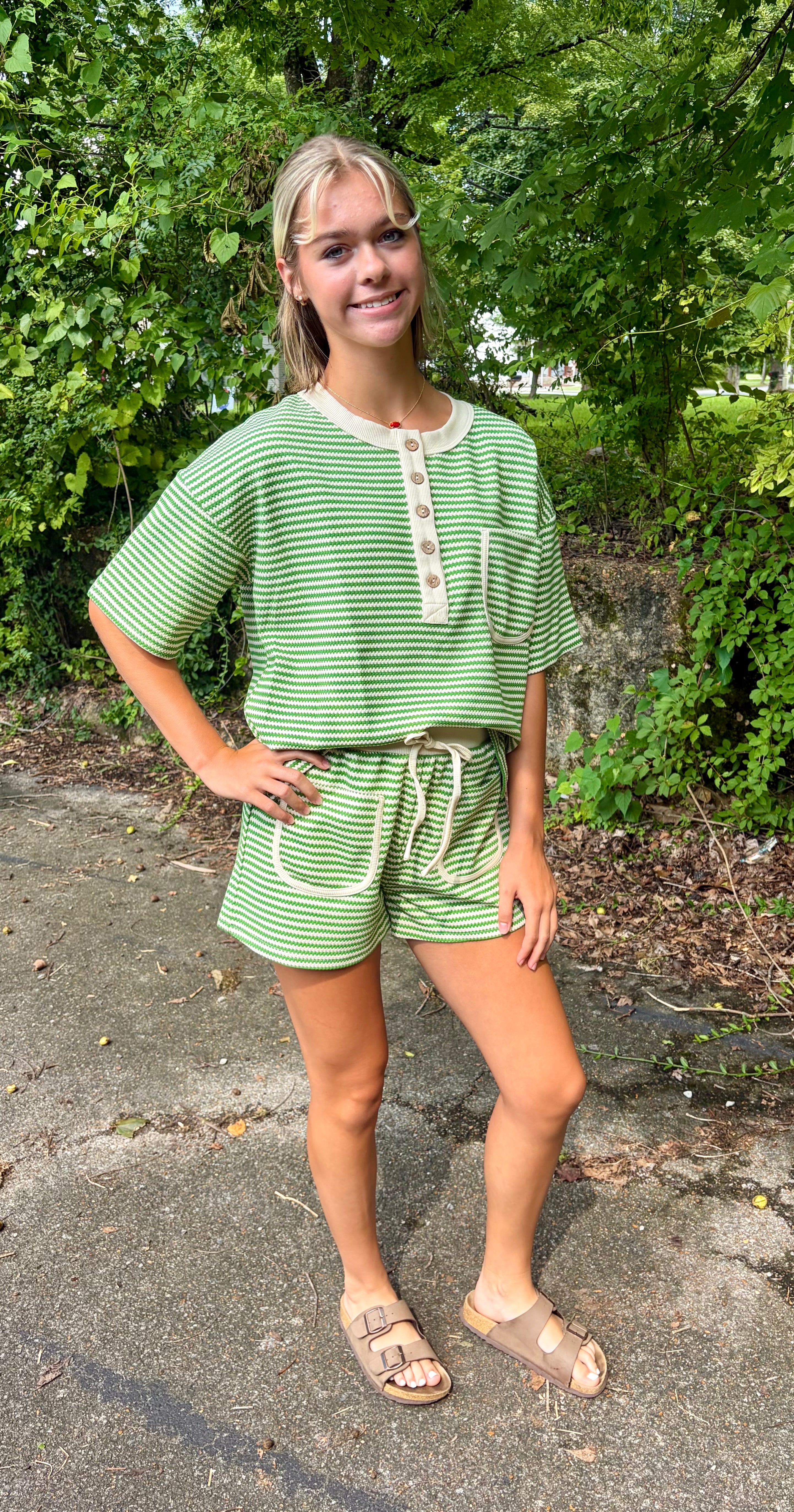 Zig Zag Stripe Pattern Henley Knit Top & Shorts Set {Green}