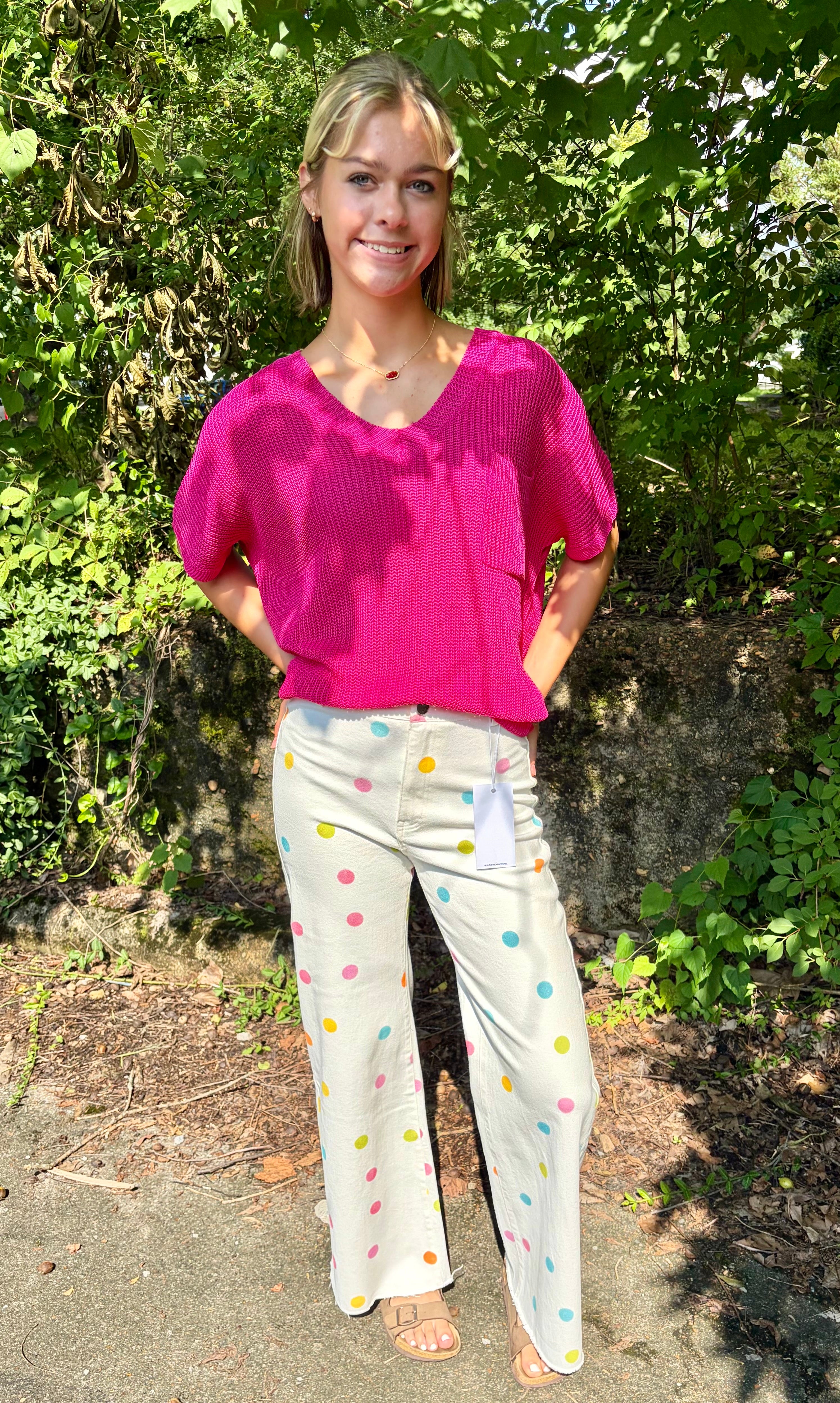 V-Neck Ribbed Short Sleeve Sweater Top {Hot Pink}