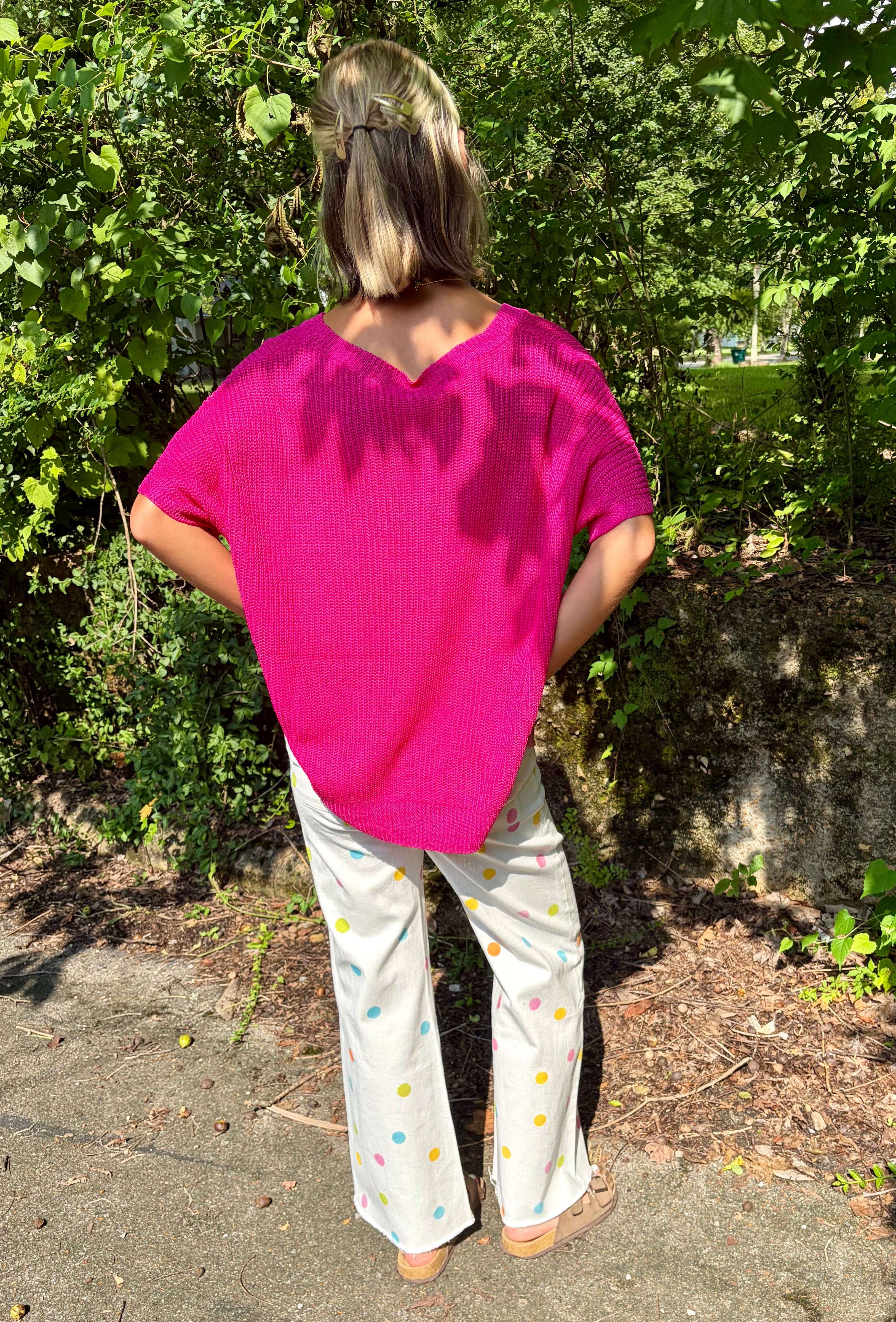 V-Neck Ribbed Short Sleeve Sweater Top {Hot Pink}