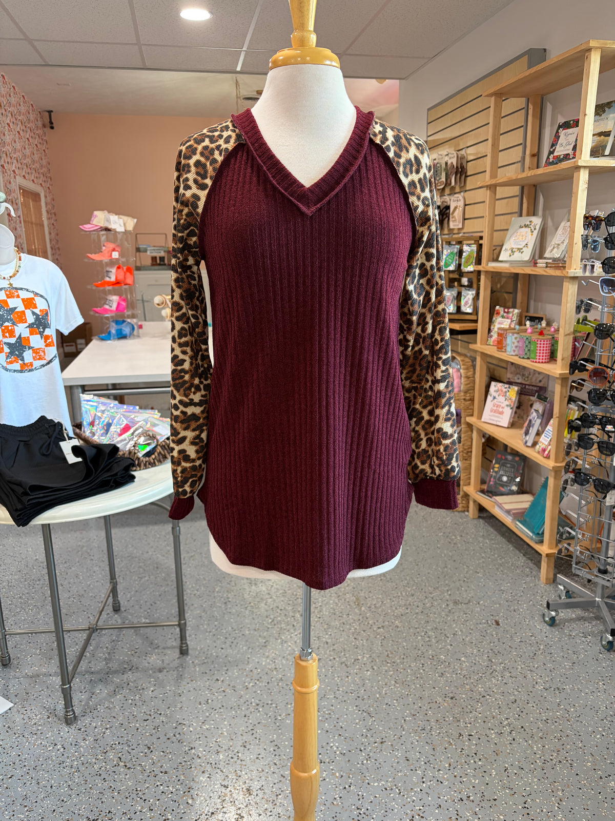 Leopard Sleeve V-Neck Waffle Knit Top