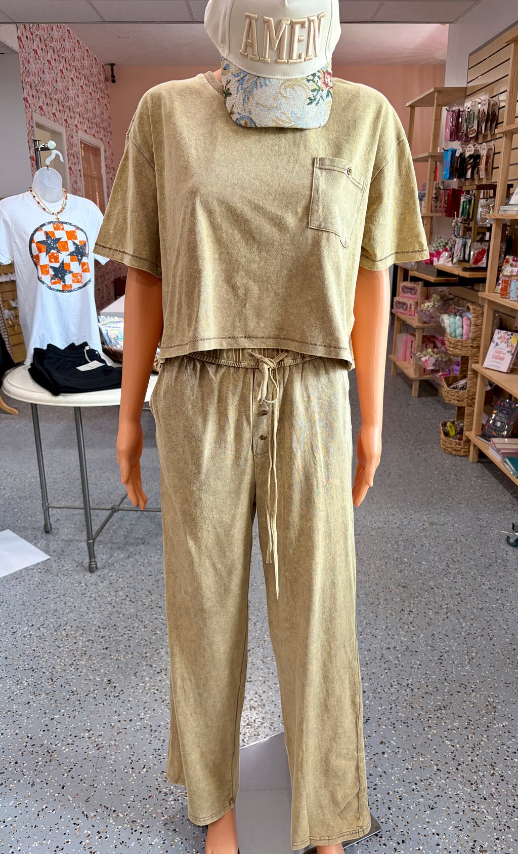 Mineral Washed Short Sleeve Top & Pant Set {Coco Brown}
