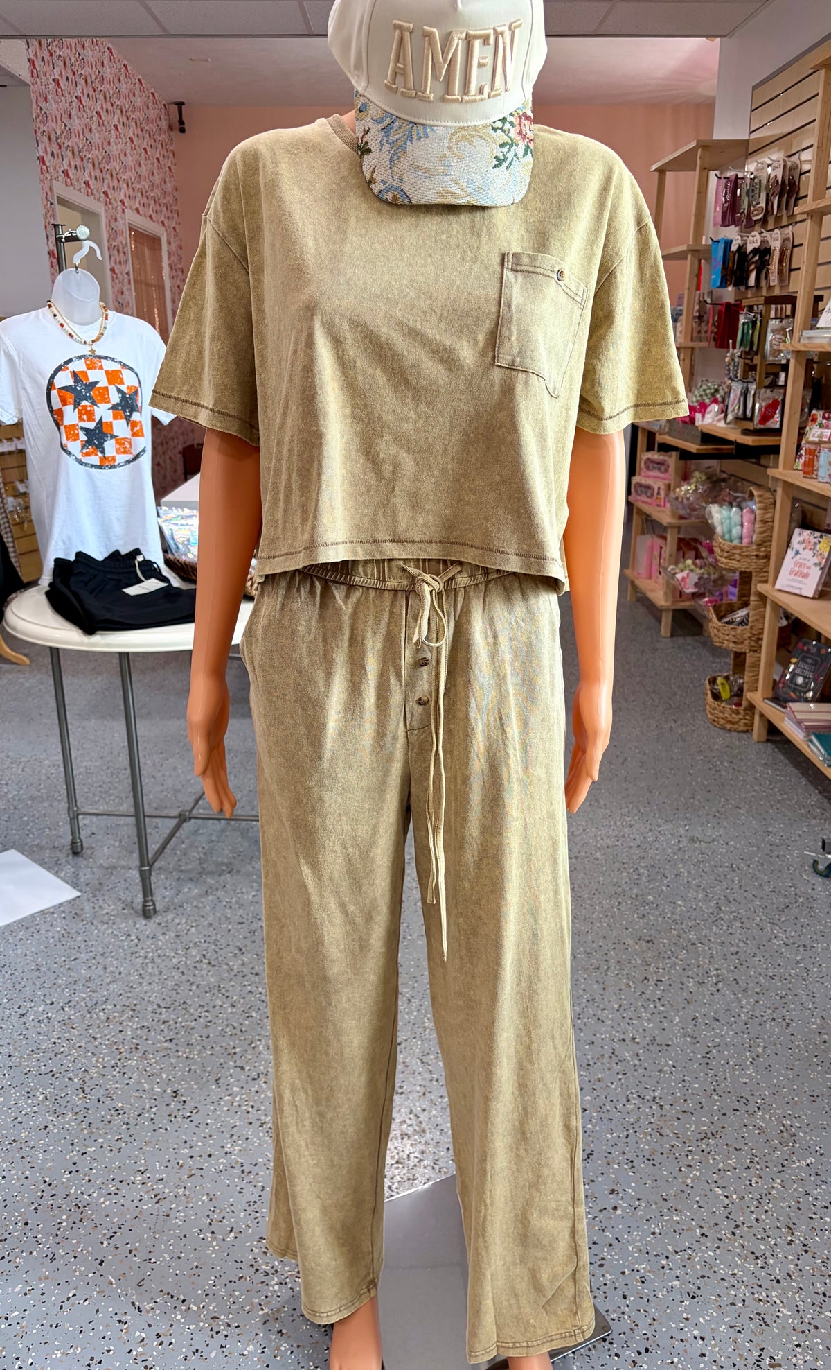 Mineral Washed Short Sleeve Top & Pant Set {Coco Brown}