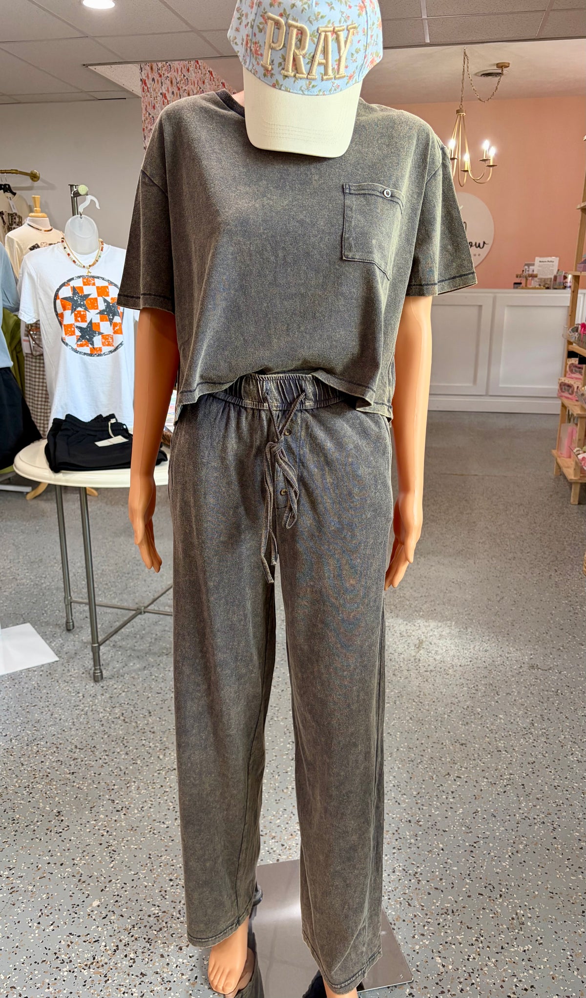 Mineral Washed Short Sleeve Top & Pant Set {Ash Black}