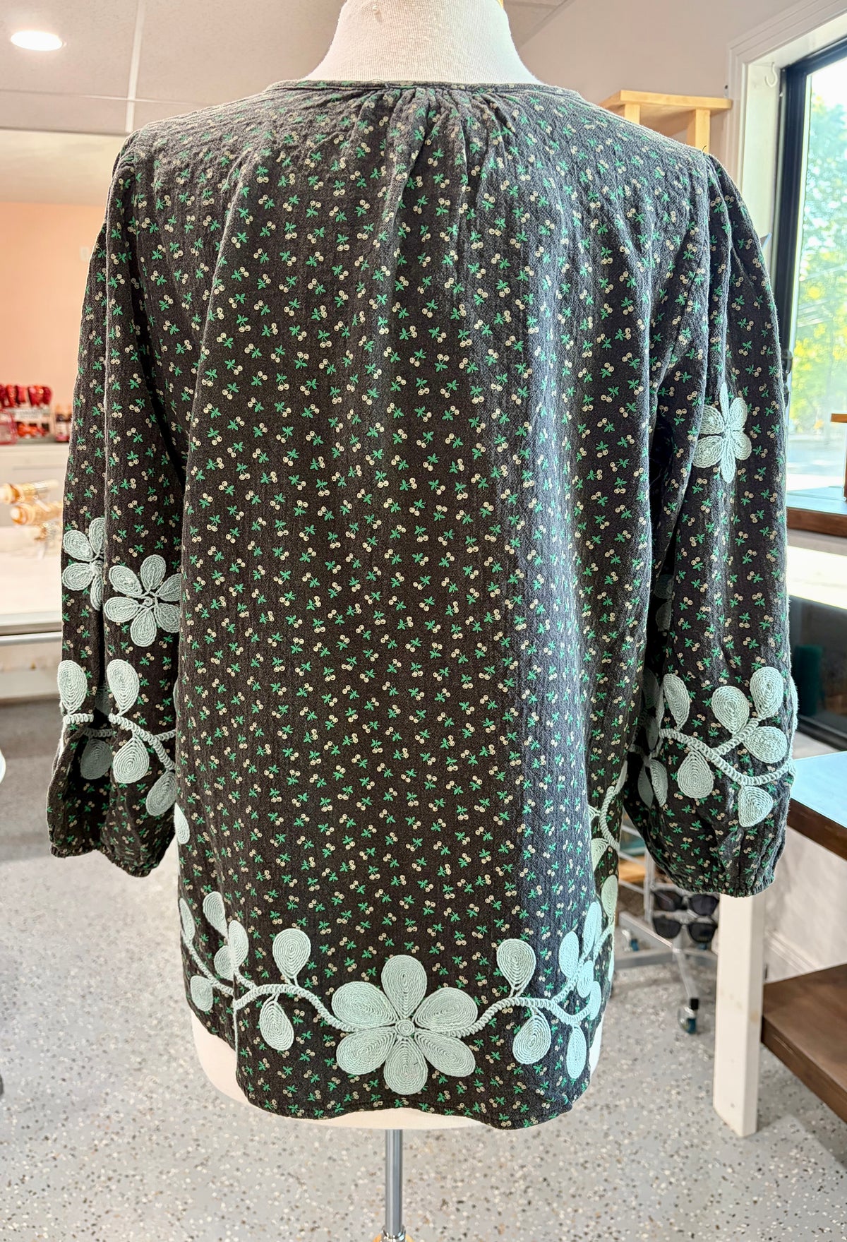 Embroidered Bubble Sleeve Cherry Print Blouse