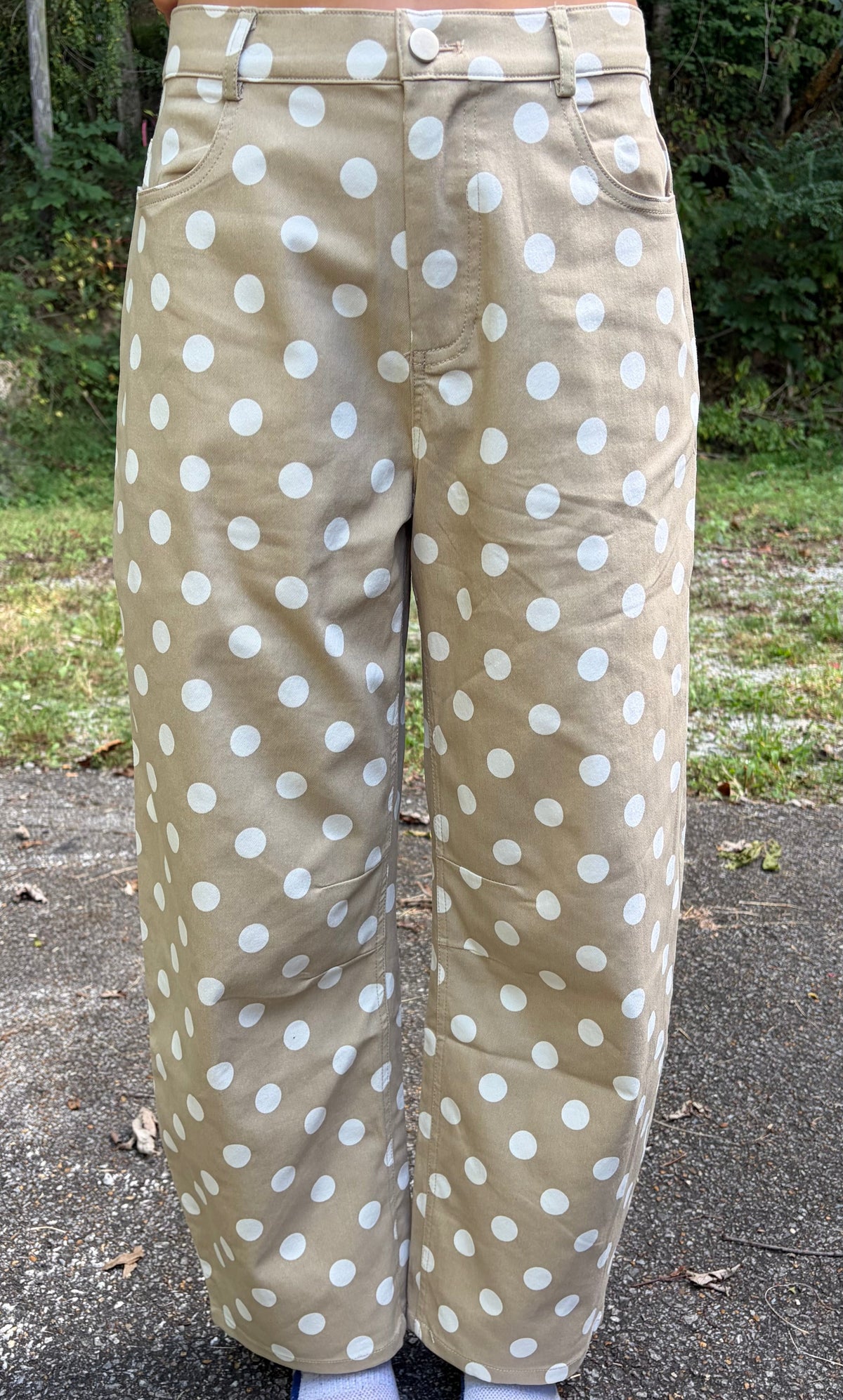 Polka Dot High Rise Barrel Pants {Taupe/White}