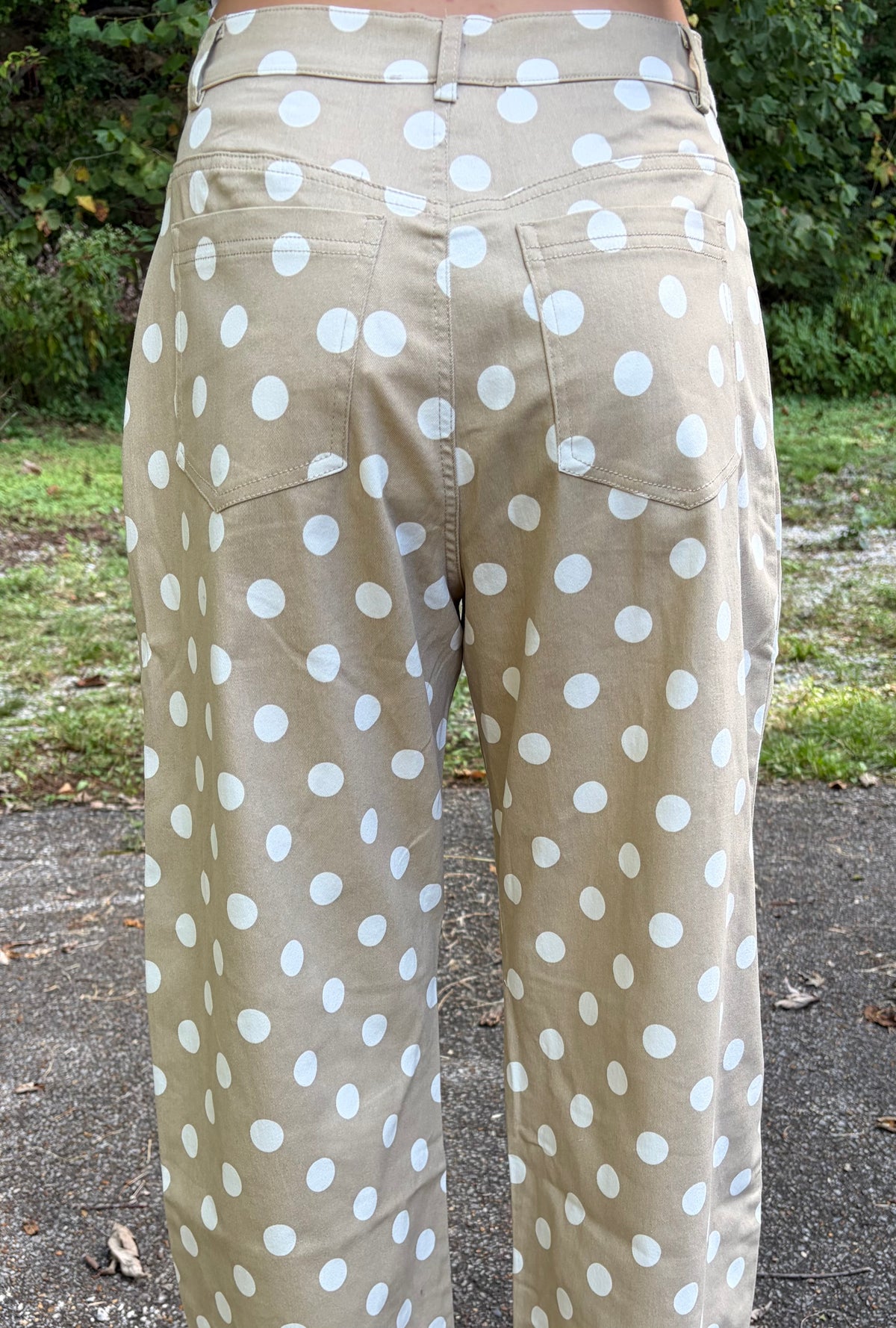 Polka Dot High Rise Barrel Pants {Taupe/White}