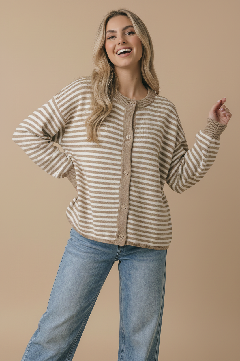 Oversized Striped Button Down Knit Cardigan