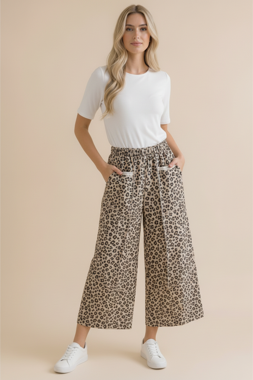 Leopard French Terry Wide Leg Pocket Pants