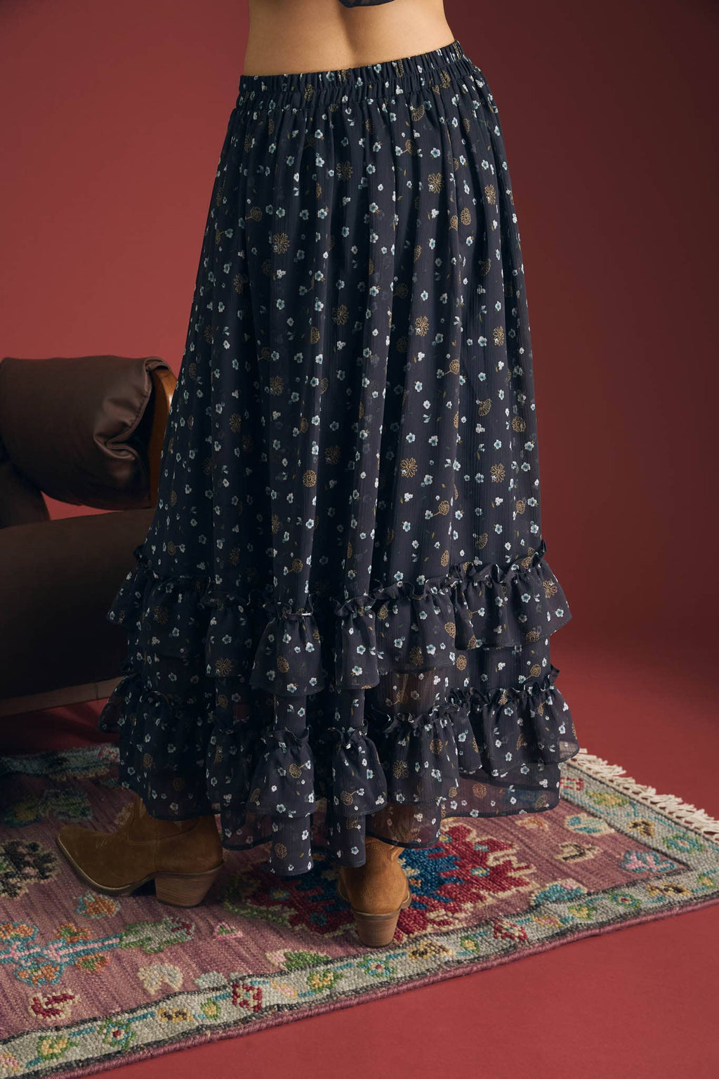 Floral Ruffled Midi Skirt