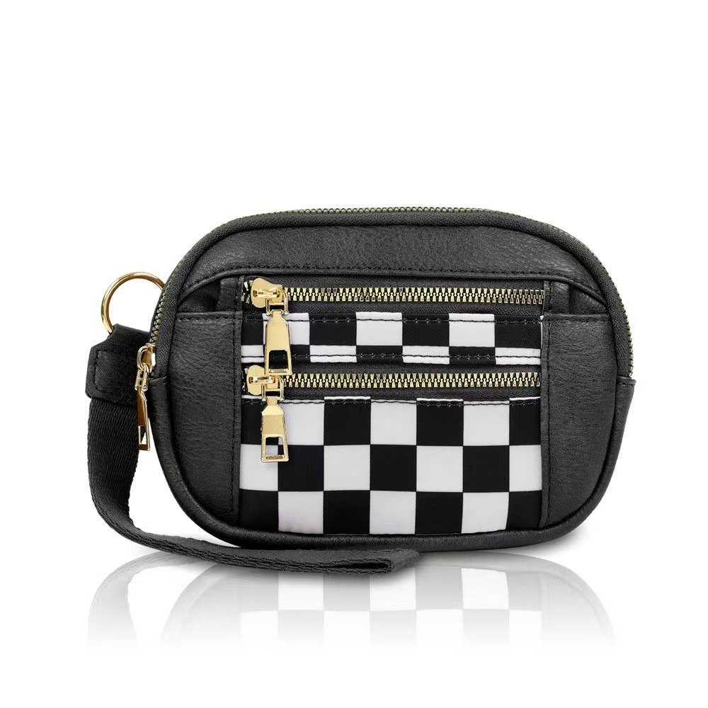 Multi-Zipper Checkered Pouch Wristlet
