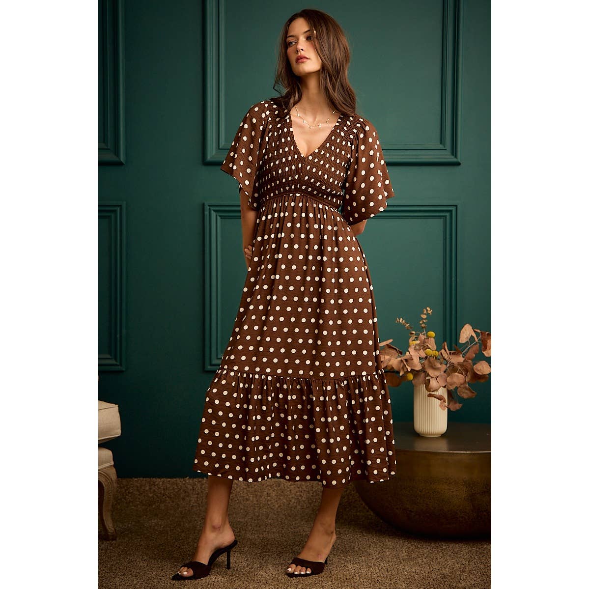 Polka Dot Flutter Sleeve Midi Dress