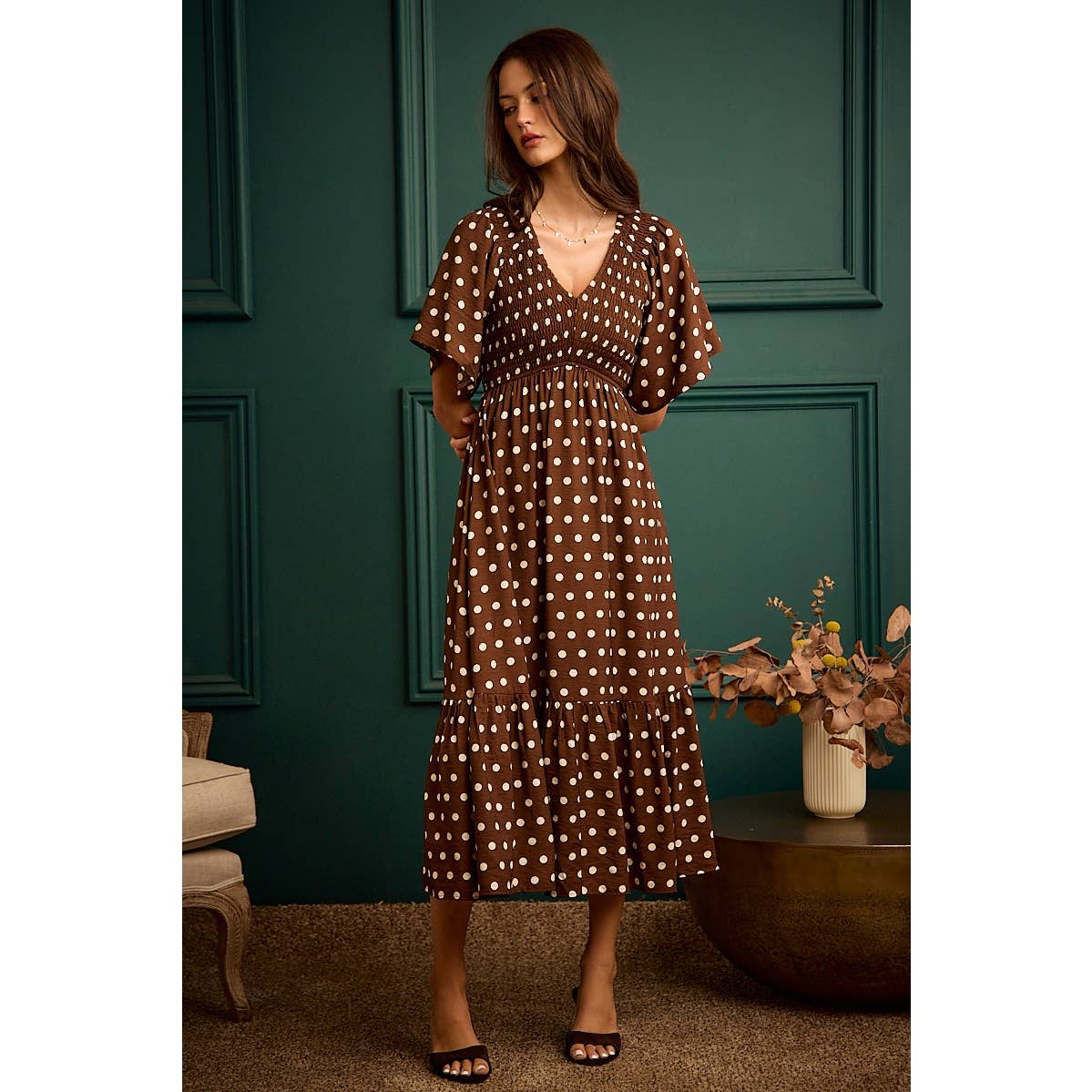 Polka Dot Flutter Sleeve Midi Dress