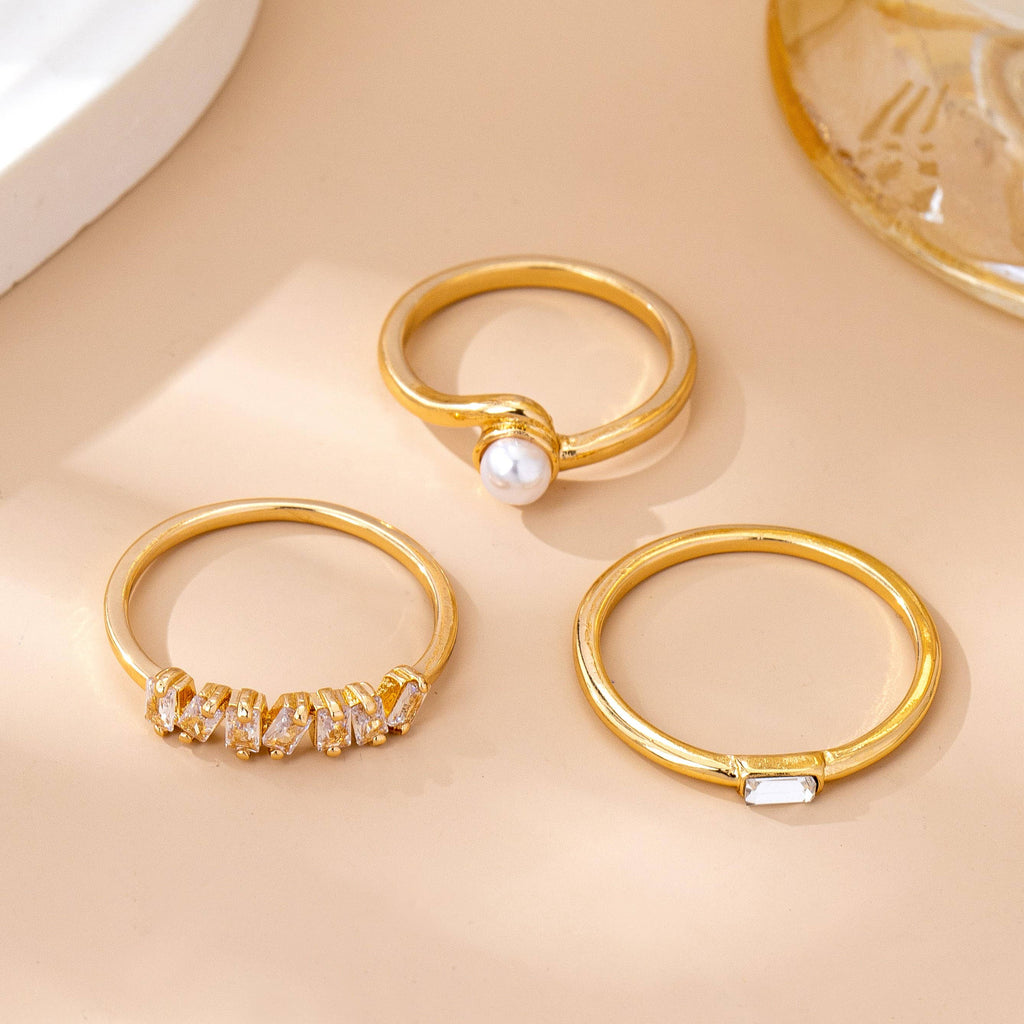 Pearl & Crystal Delicate Gold Ring Trio