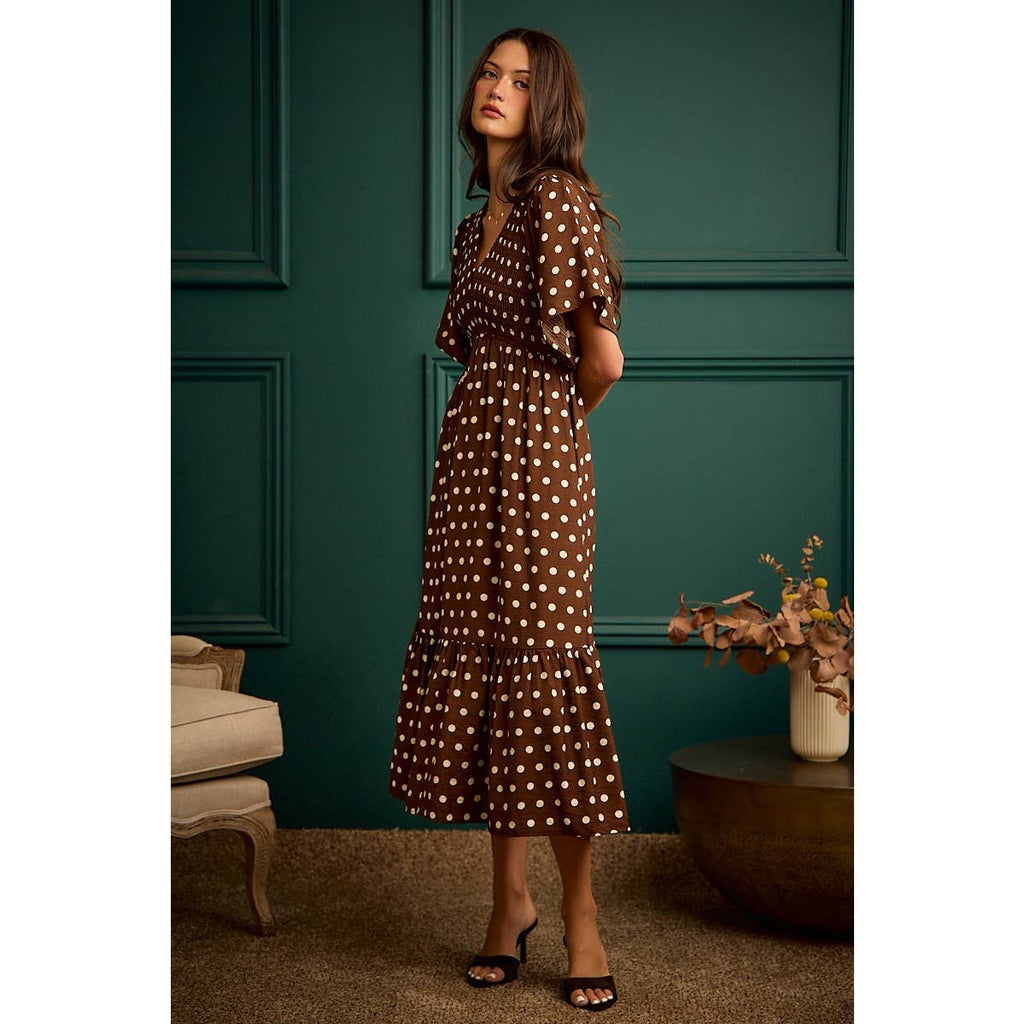 Polka Dot Flutter Sleeve Midi Dress