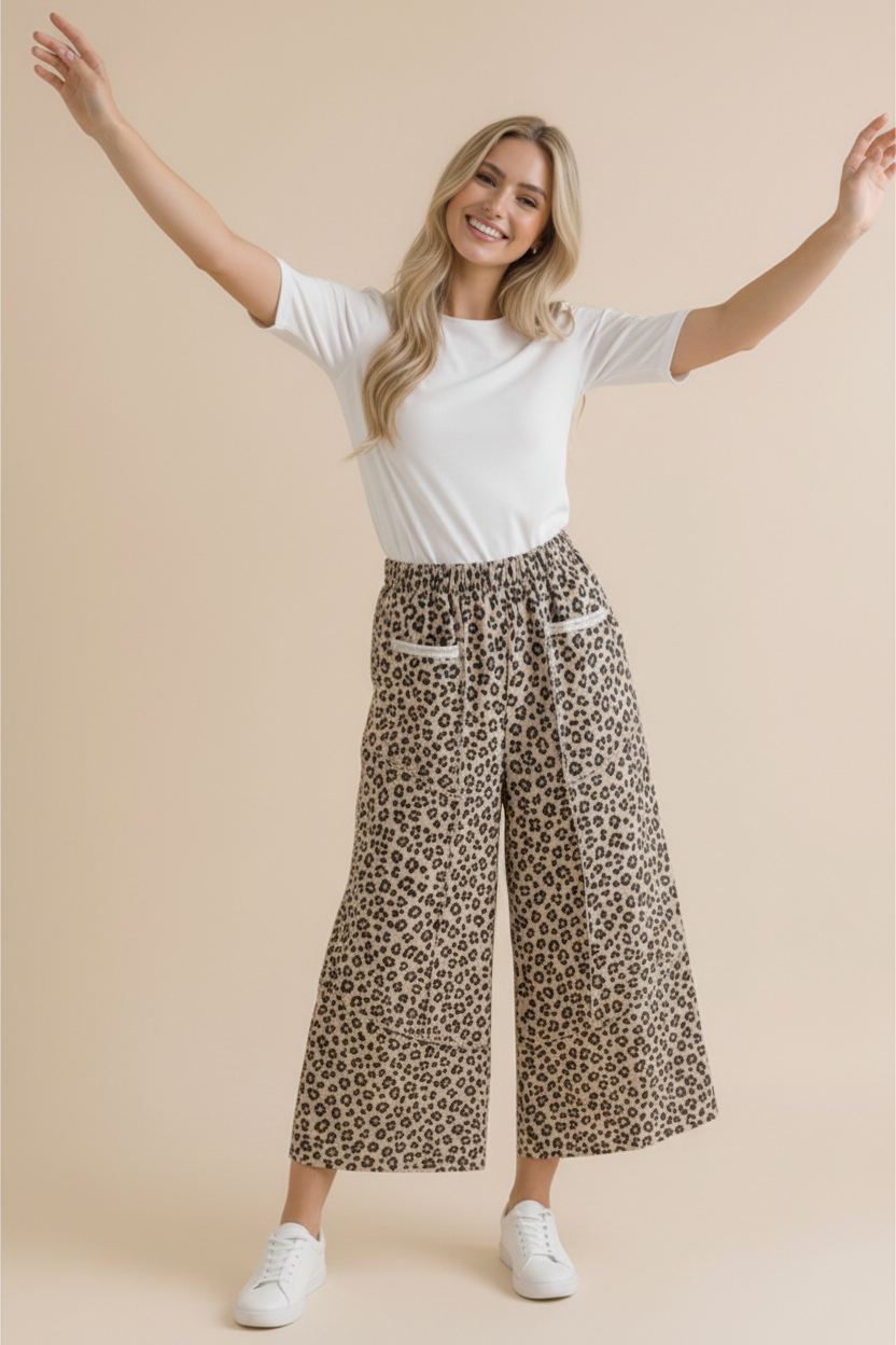 Leopard French Terry Wide Leg Pocket Pants