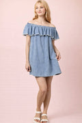 Off Shoulder Washed Chambray Mini Dress
