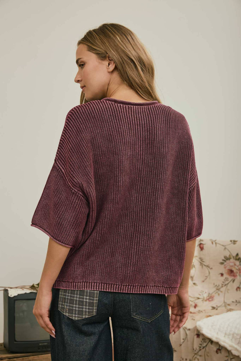 Ribbed Short Sleeve Cardigan {Burgundy}