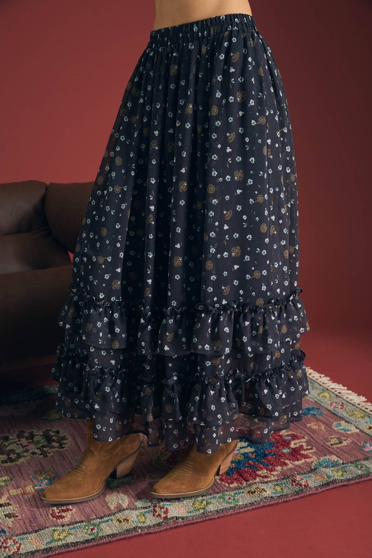 Floral Ruffled Midi Skirt