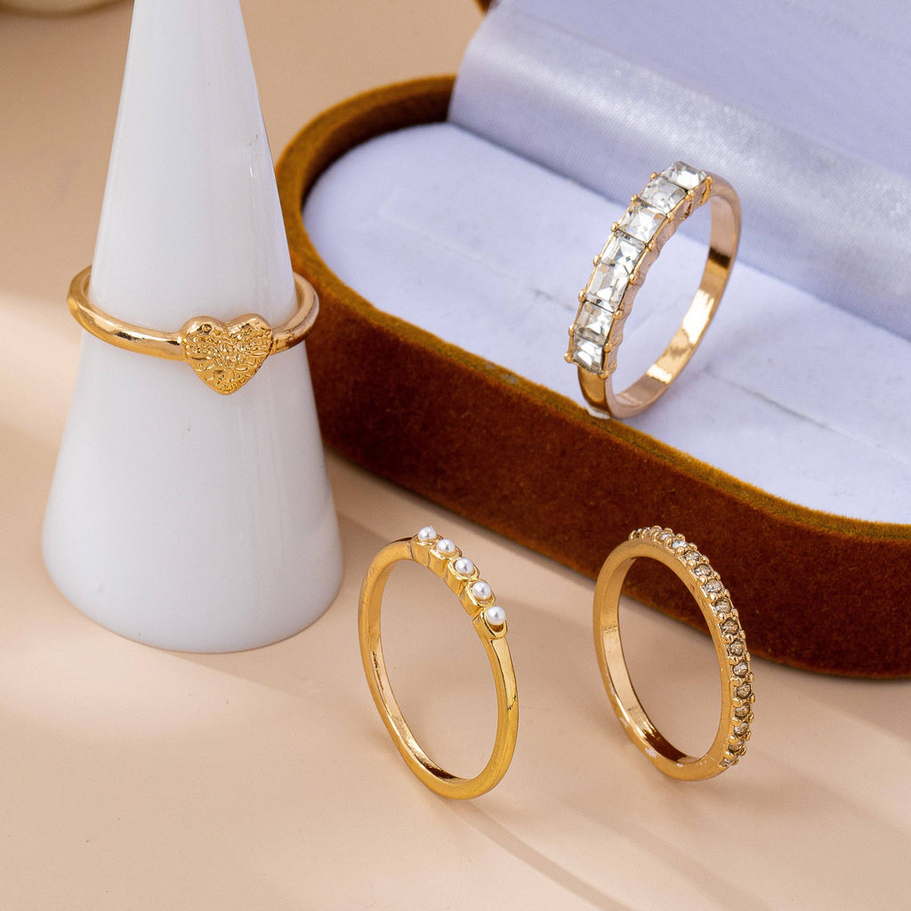 Gold-Tone Mixed Crystal & Pearl Stacking Ring Set