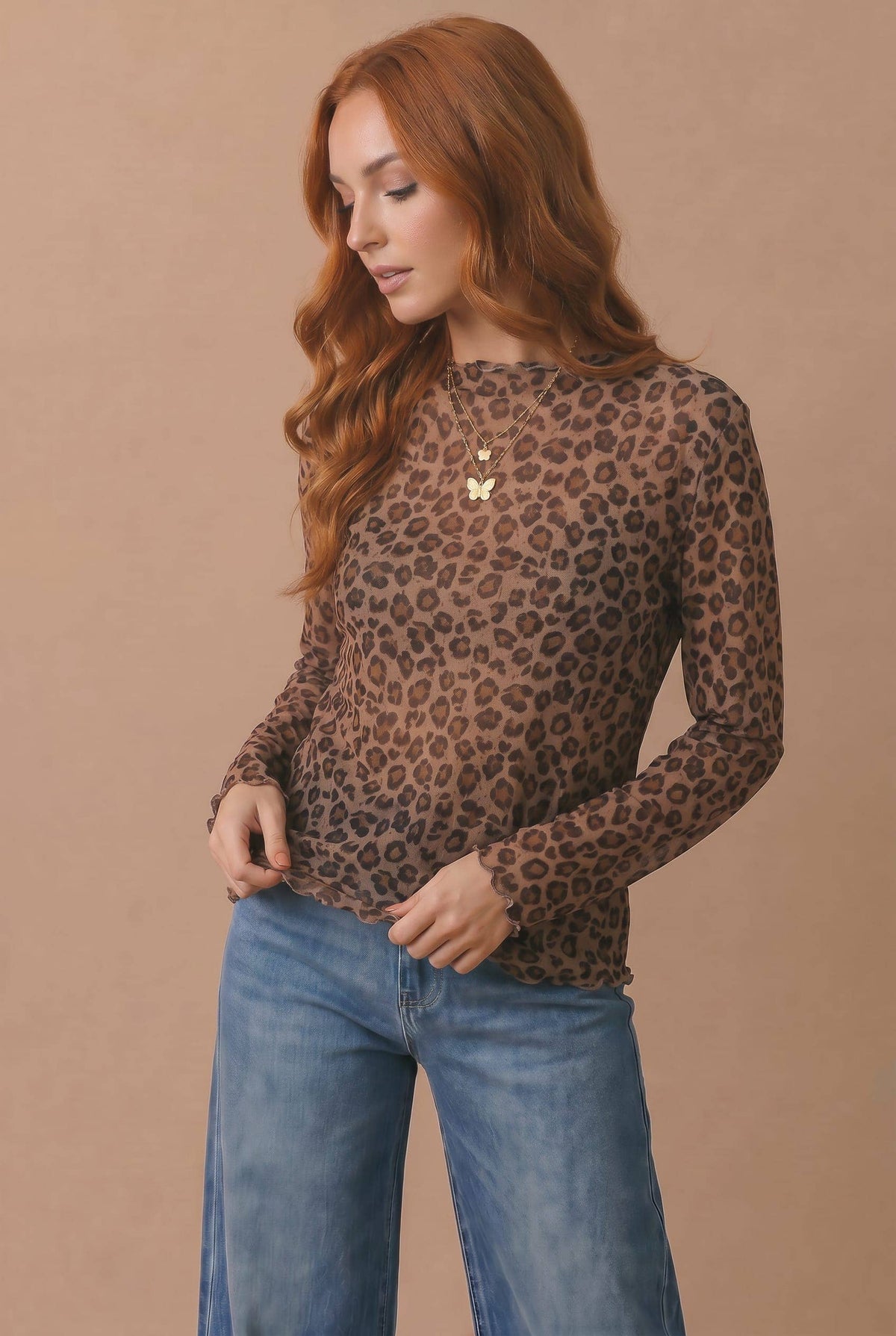Leopard Mesh Long Sleeve Top