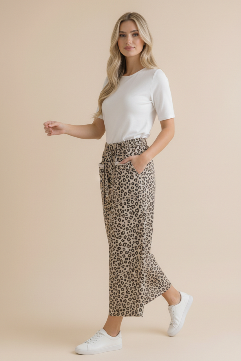 Leopard French Terry Wide Leg Pocket Pants