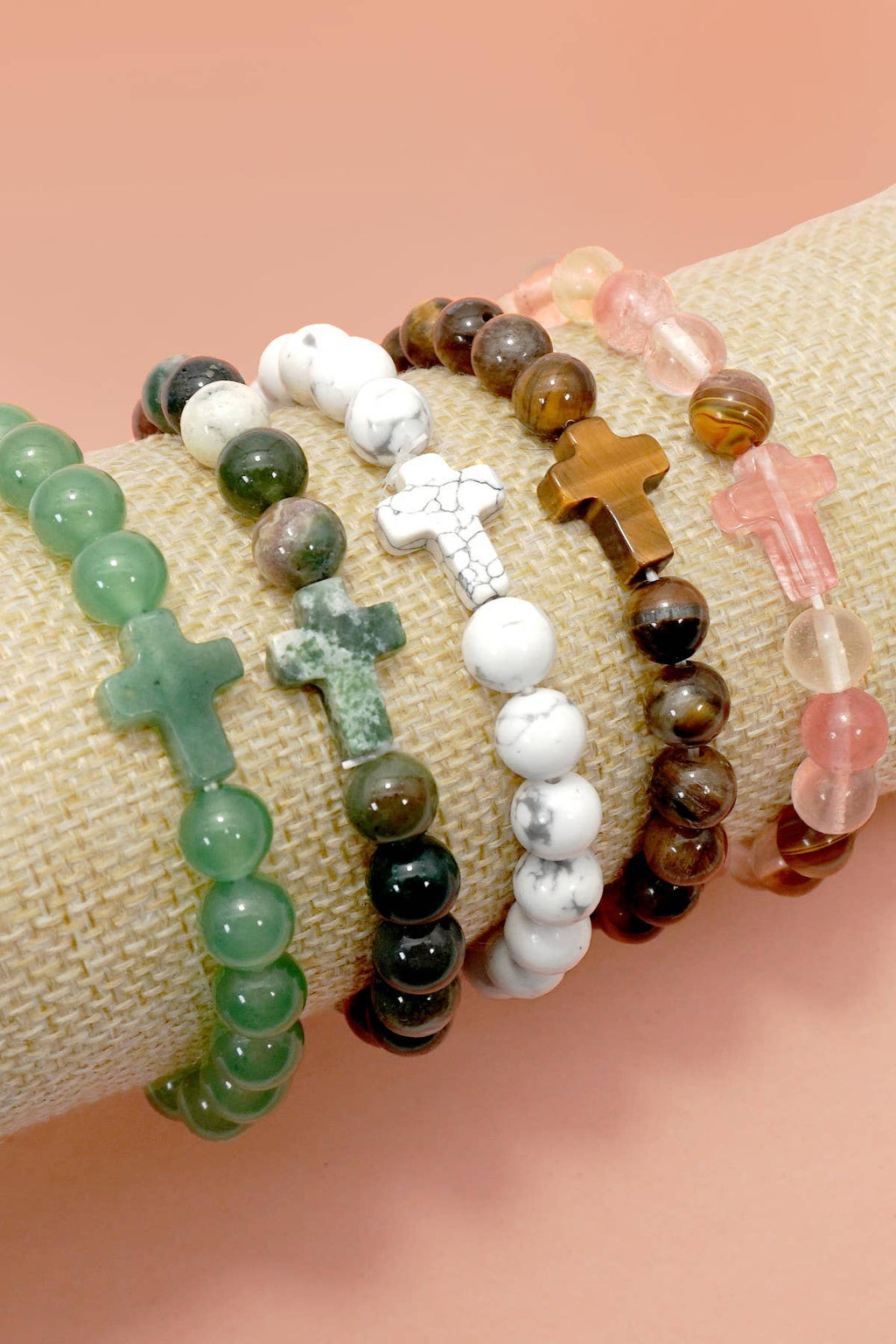 Boho Natural Stone Cross Charm Beaded Bracelet