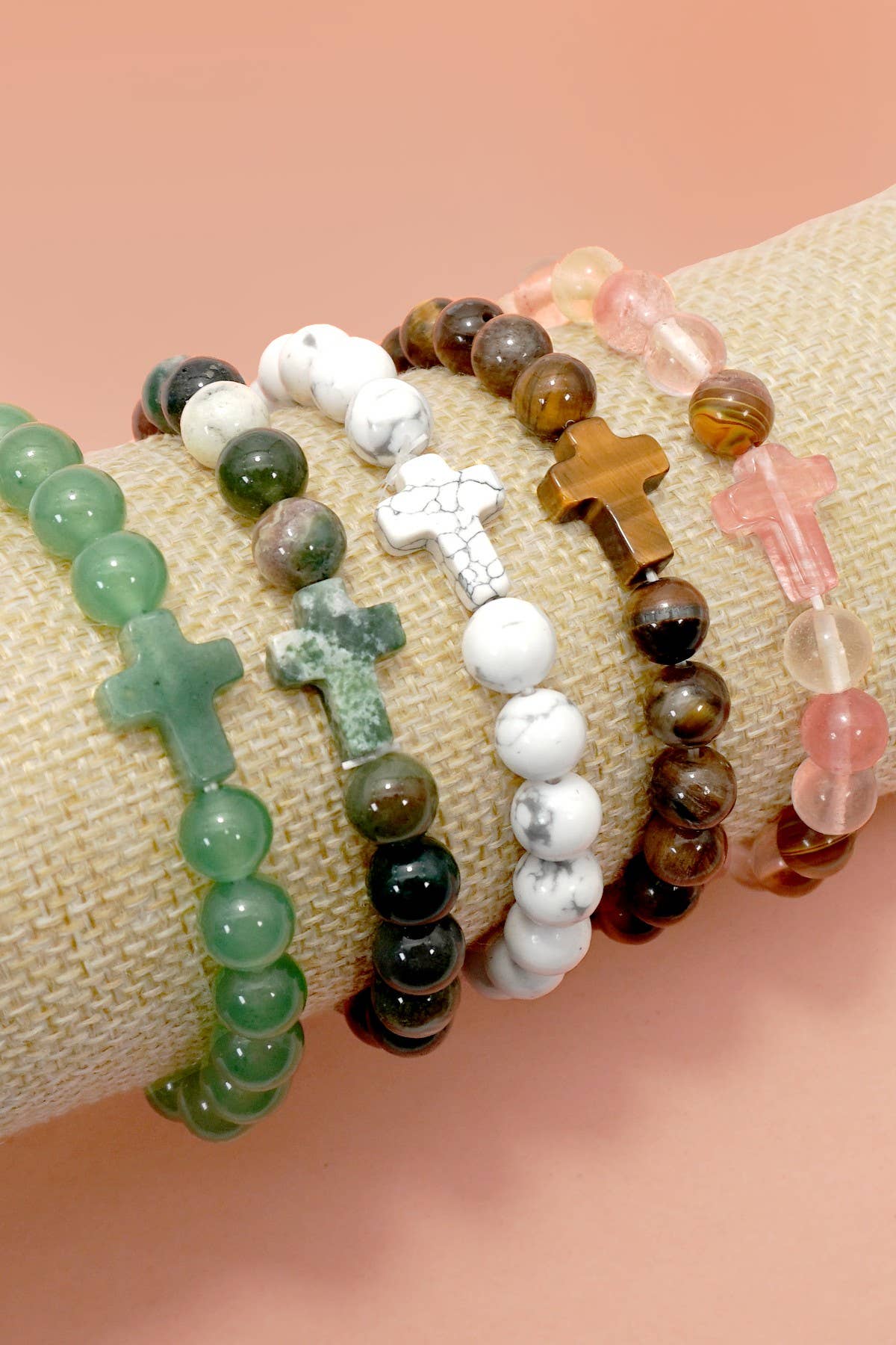 Boho Natural Stone Cross Charm Beaded Bracelet