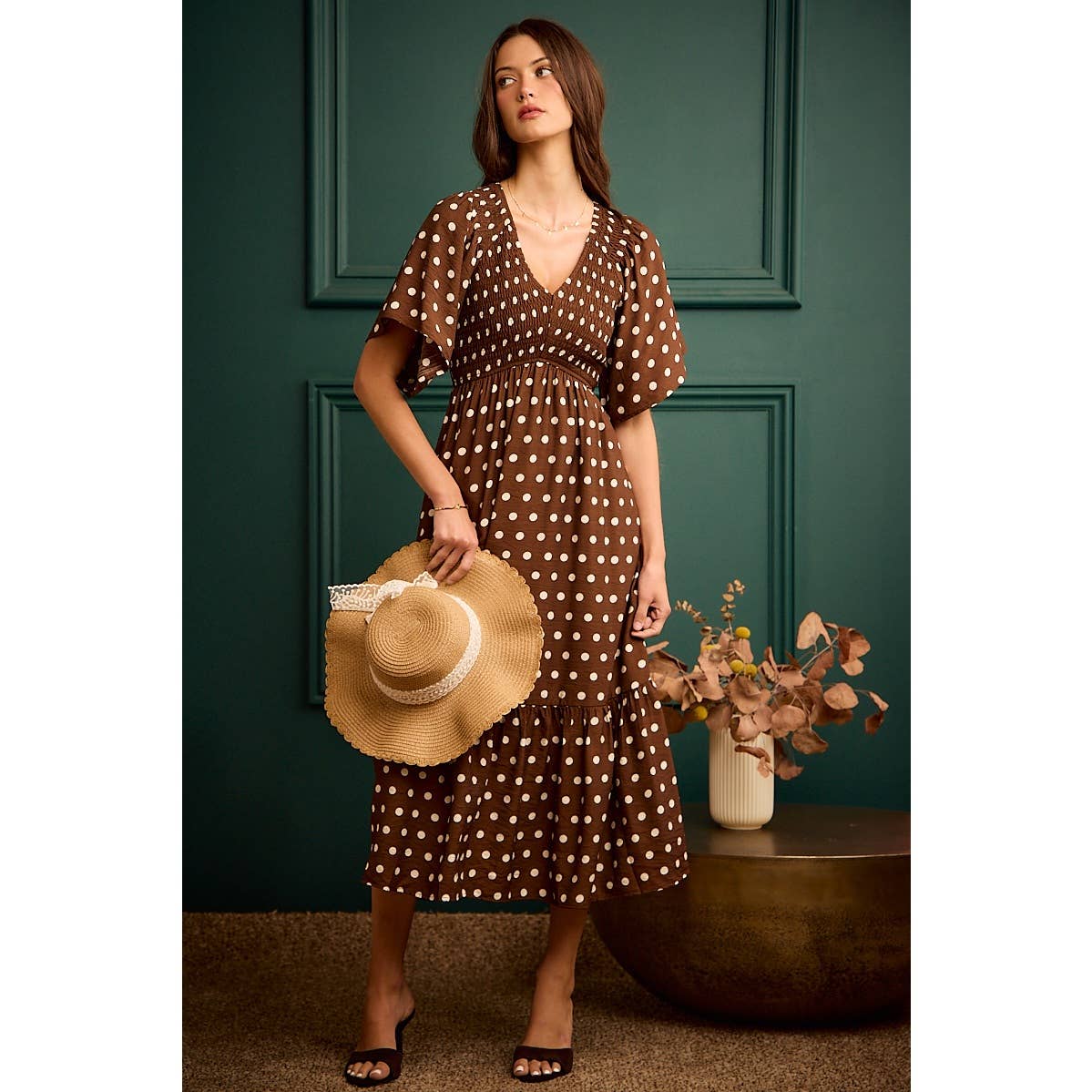 Polka Dot Flutter Sleeve Midi Dress