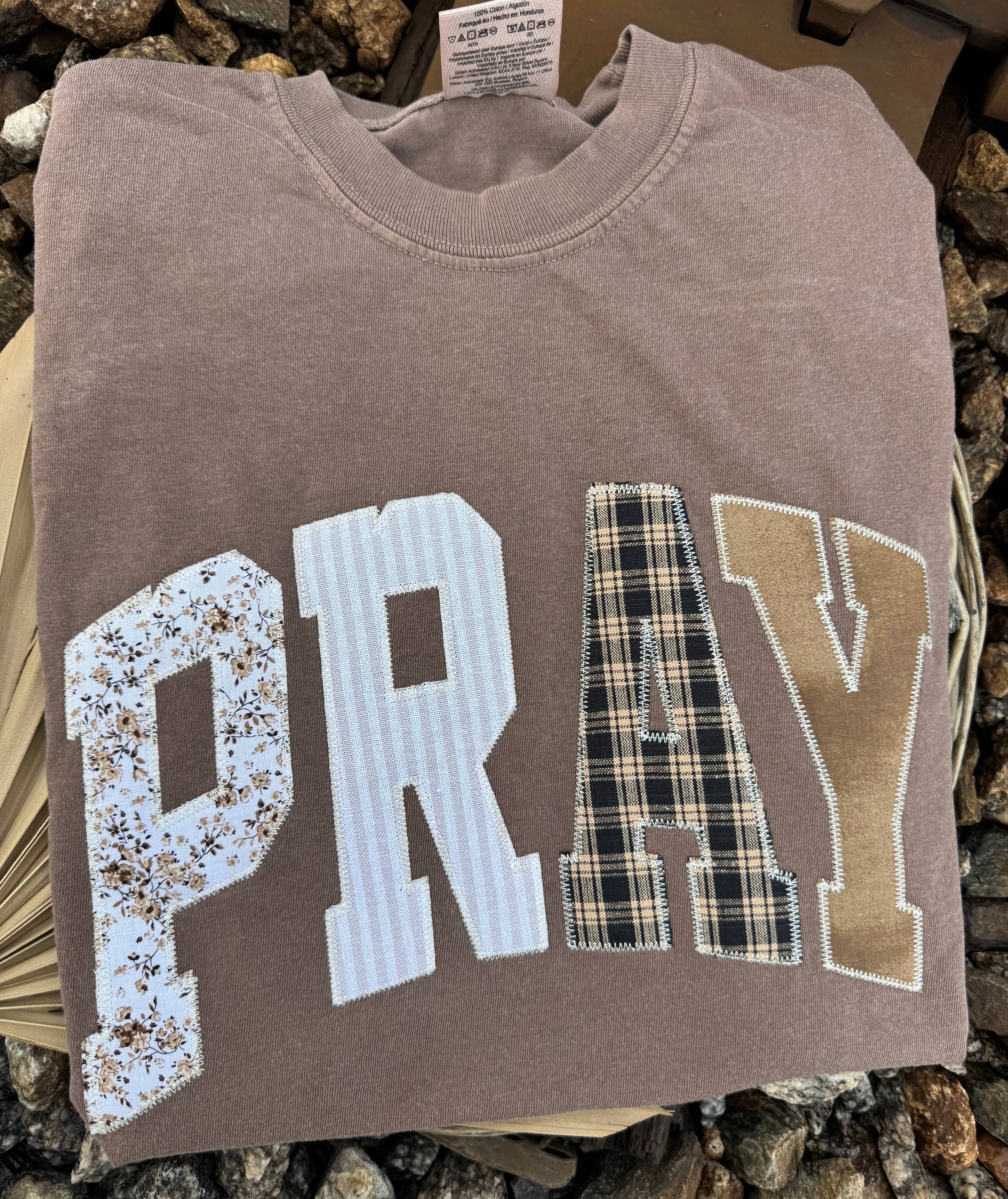 Pray Floral, Stripe, Plaid Applique Short Sleeve Tee