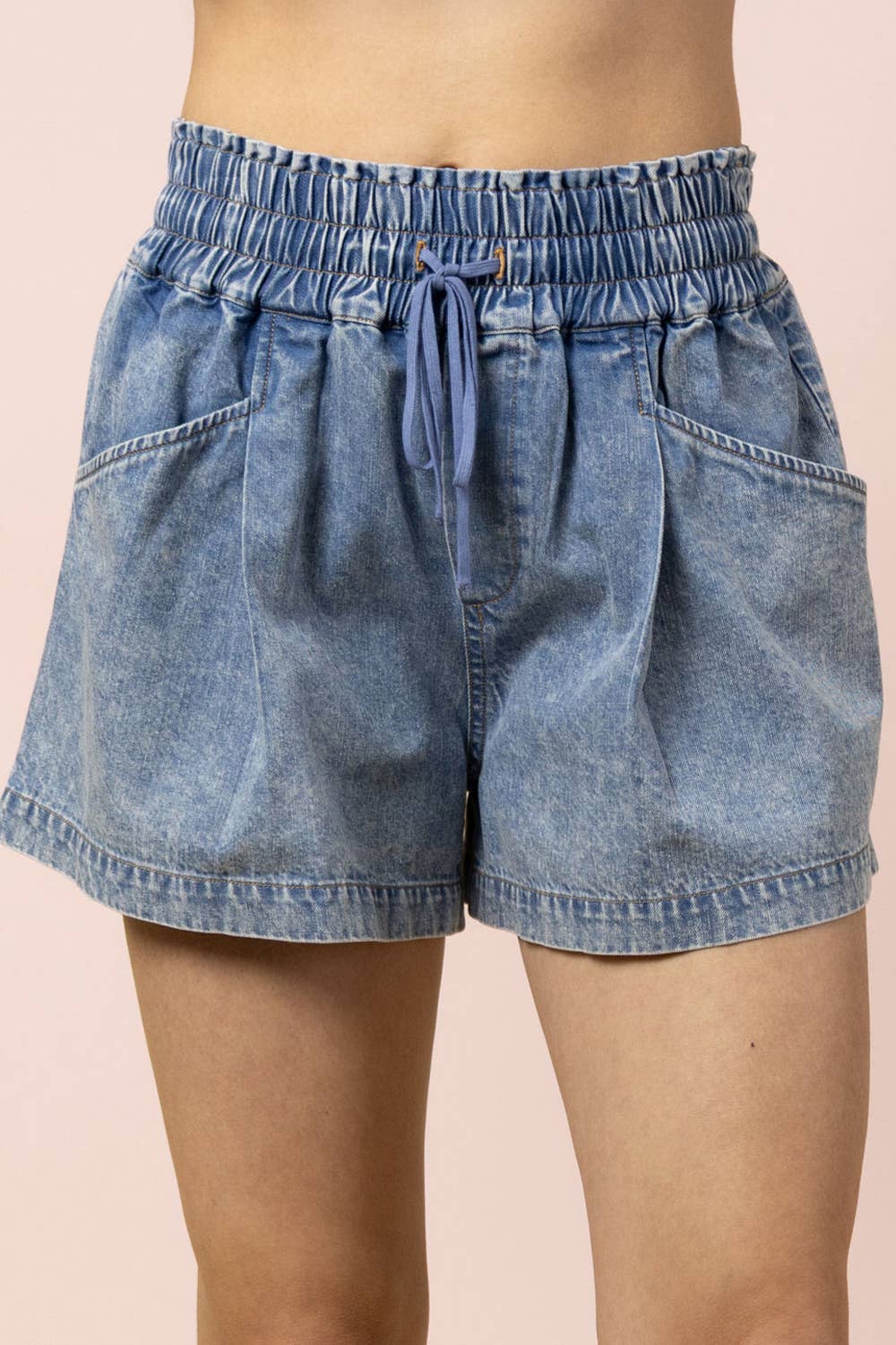 Elastic Waist Mineral Washed Chambray Shorts