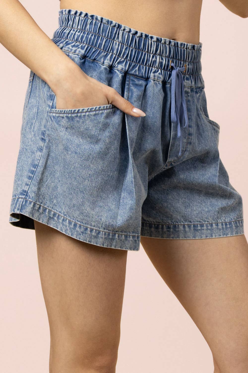 Elastic Waist Mineral Washed Chambray Shorts