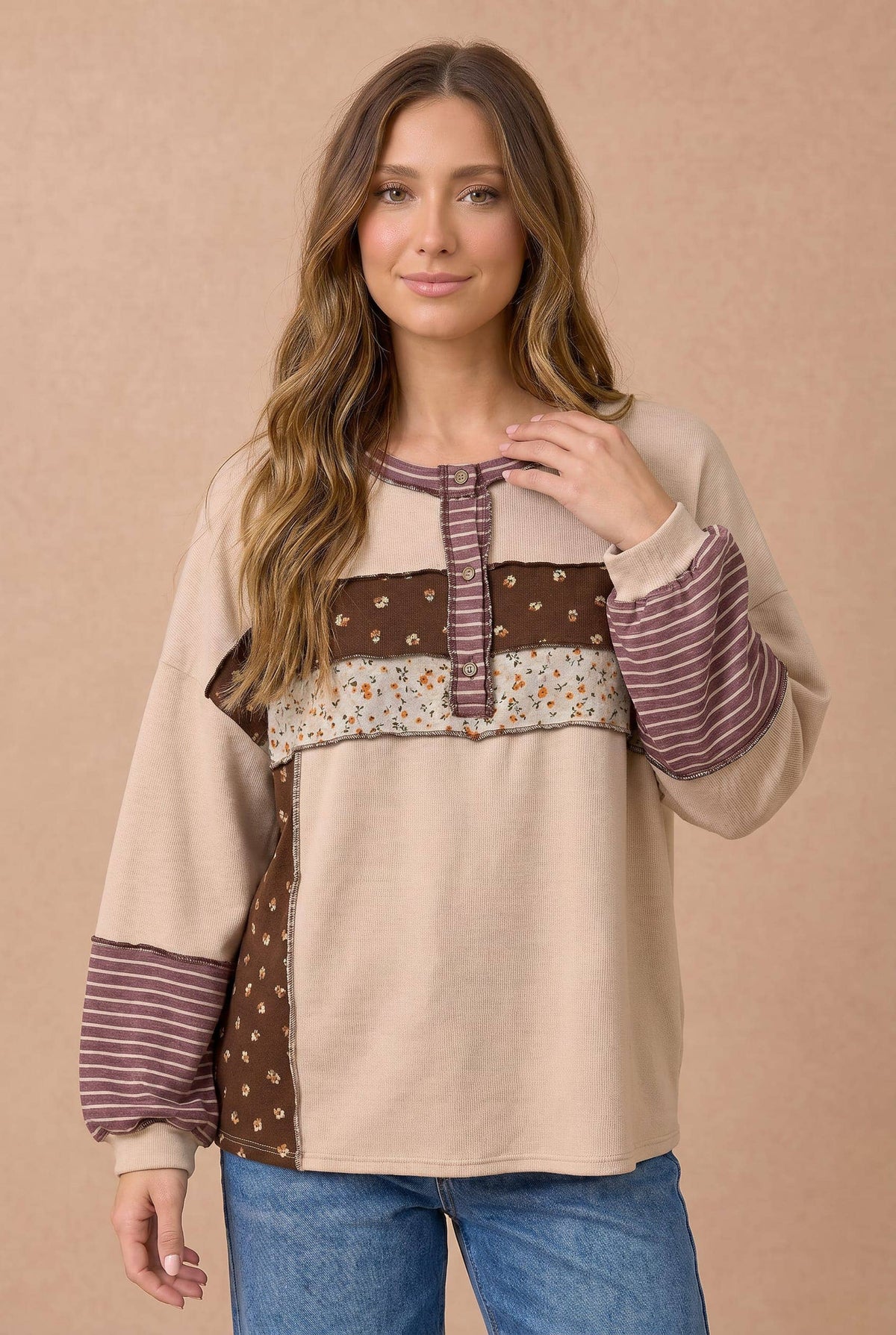 Floral Stripe Color Block Henley Top
