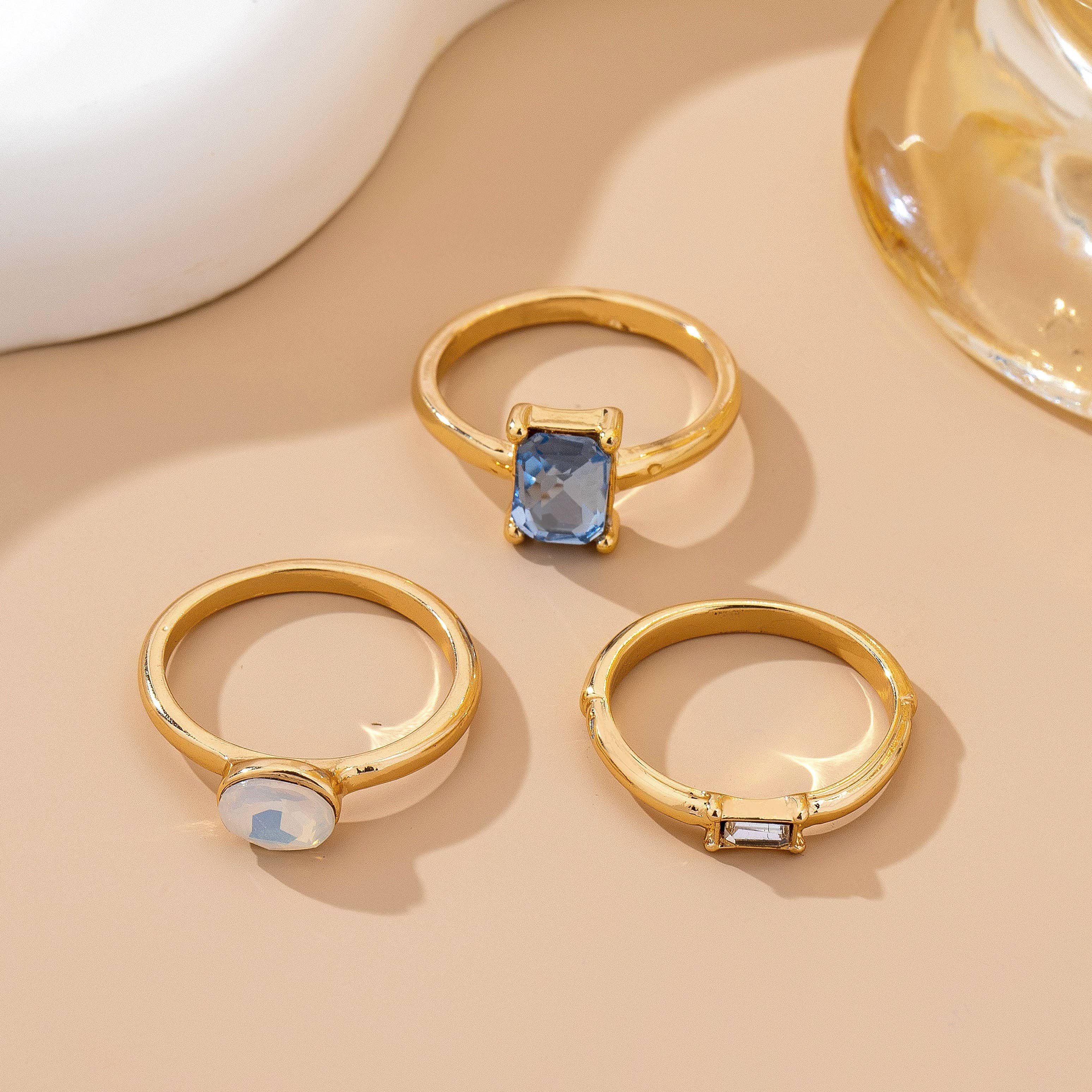 Aquamarine & Moonstone Triple Band Ring Set