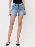HIGH RISE RAW HEM MIDI DENIM SHORTS