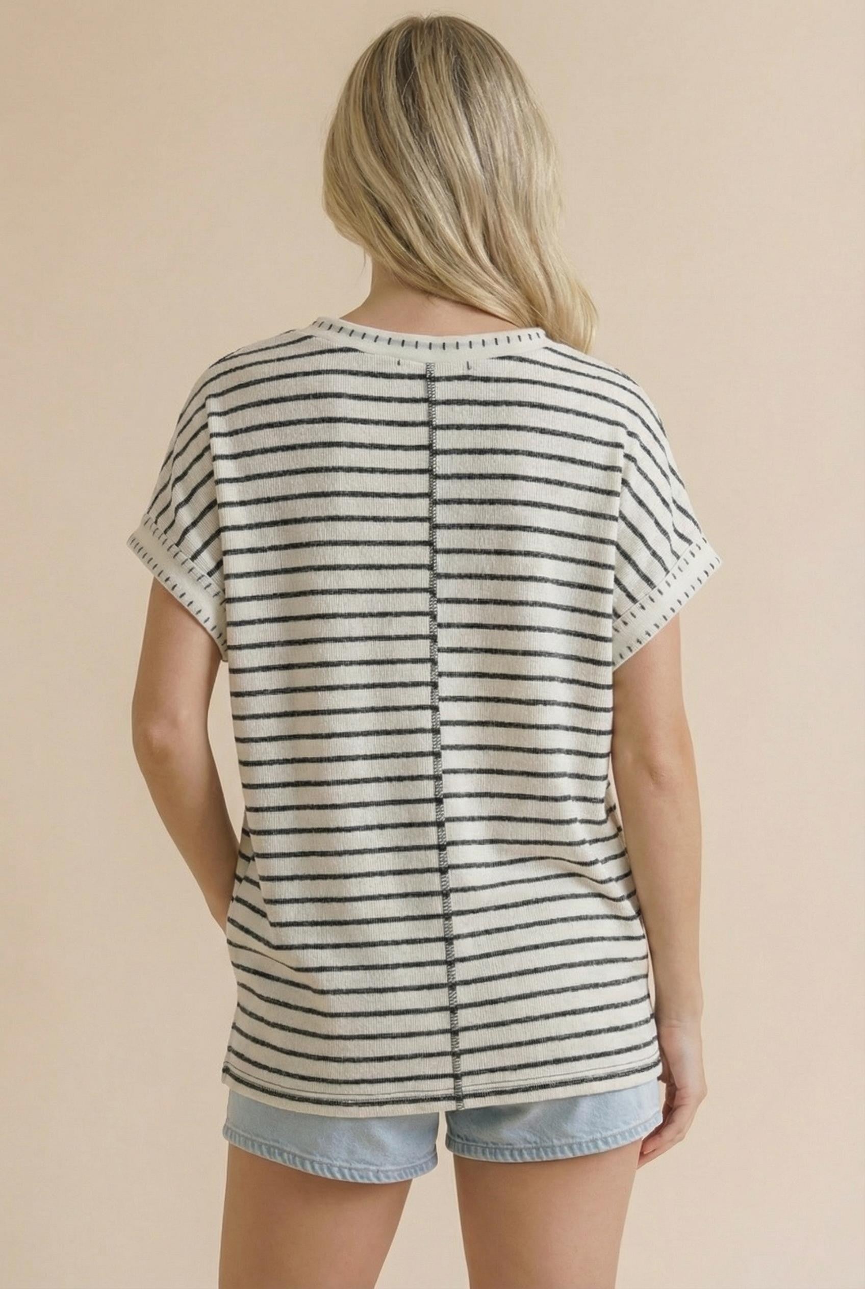 Oversized Stripe Knit Tee W/ Pocket