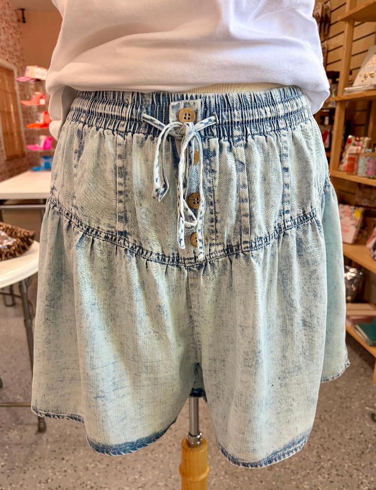 Washed Chambray Flare Shorts