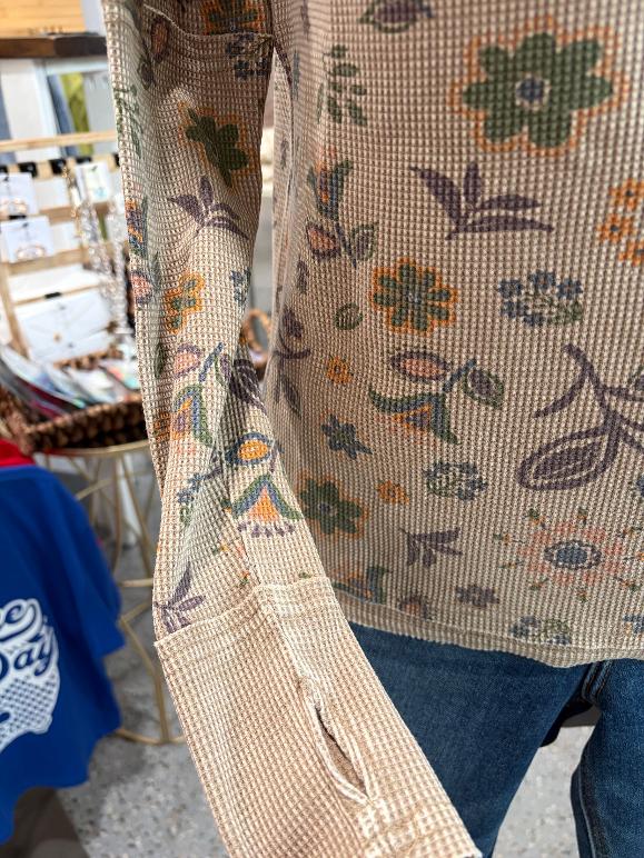 Floral Printed Henley Longsleeve Top {Mocha}