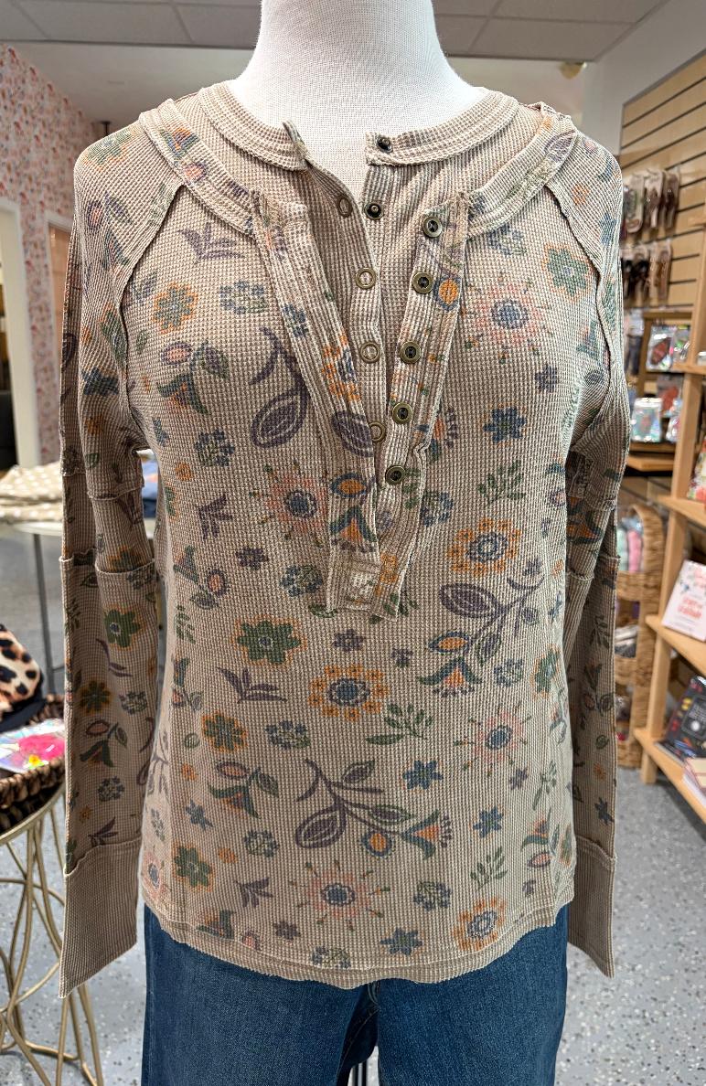 Floral Printed Henley Longsleeve Top {Mocha}
