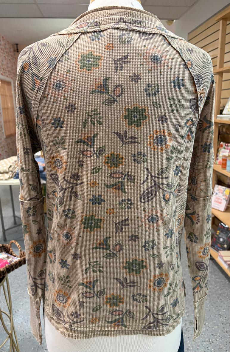Floral Printed Henley Longsleeve Top {Mocha}
