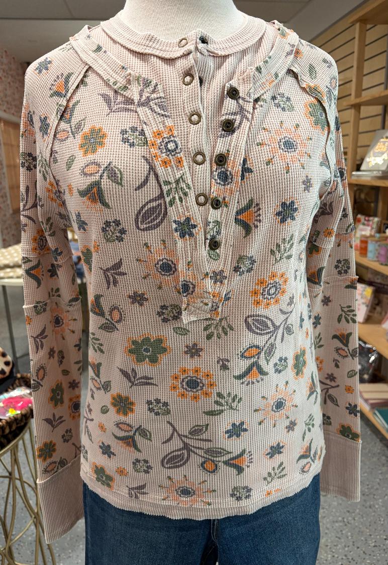 Floral Printed Henley Longsleeve Top {Blush}