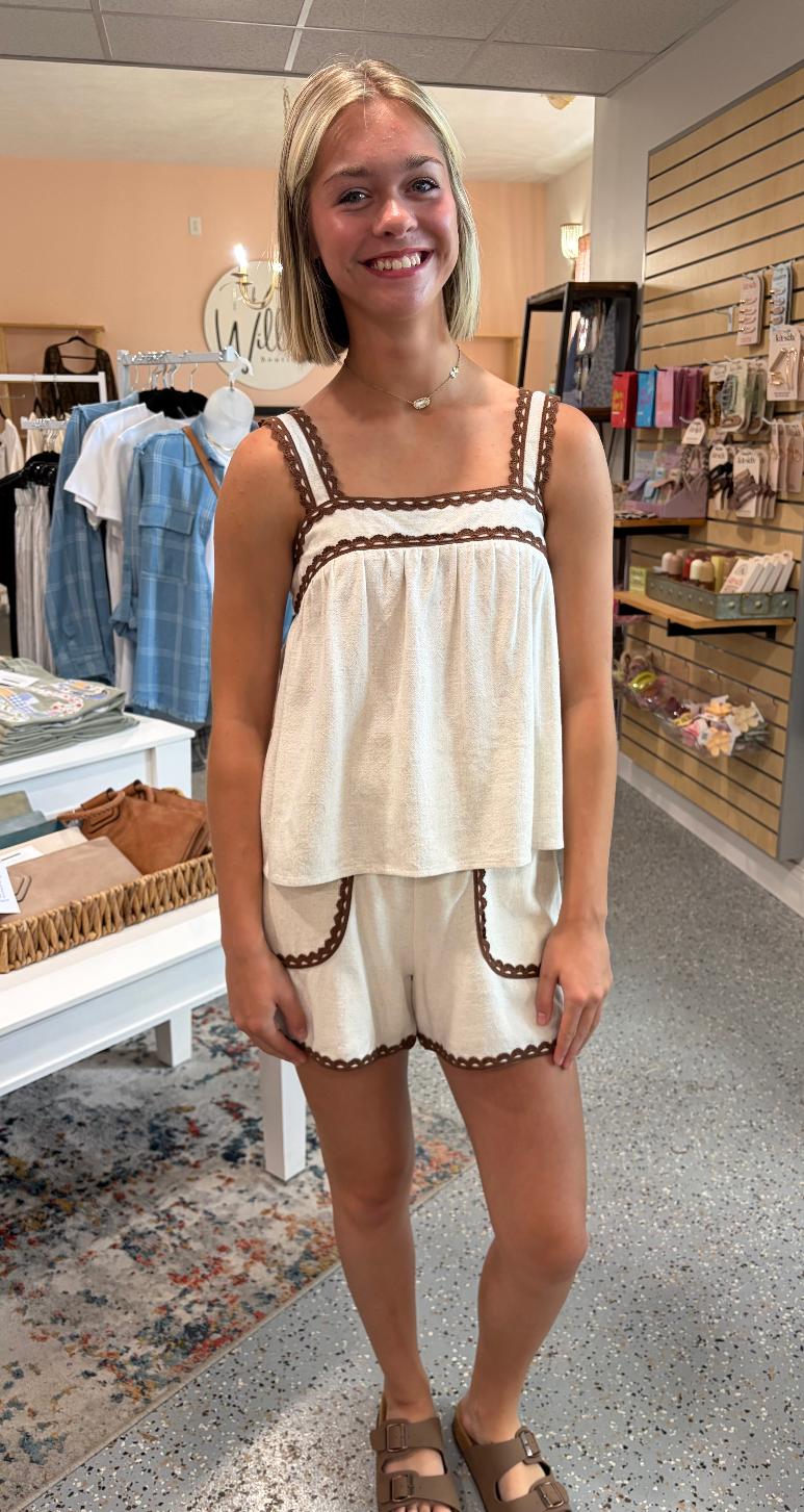 Scalloped Trim Sleeveless Linen Cami & Shorts