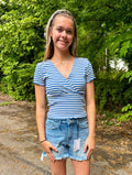 Royal Blue V-Neck Striped Short Sleeve Top
