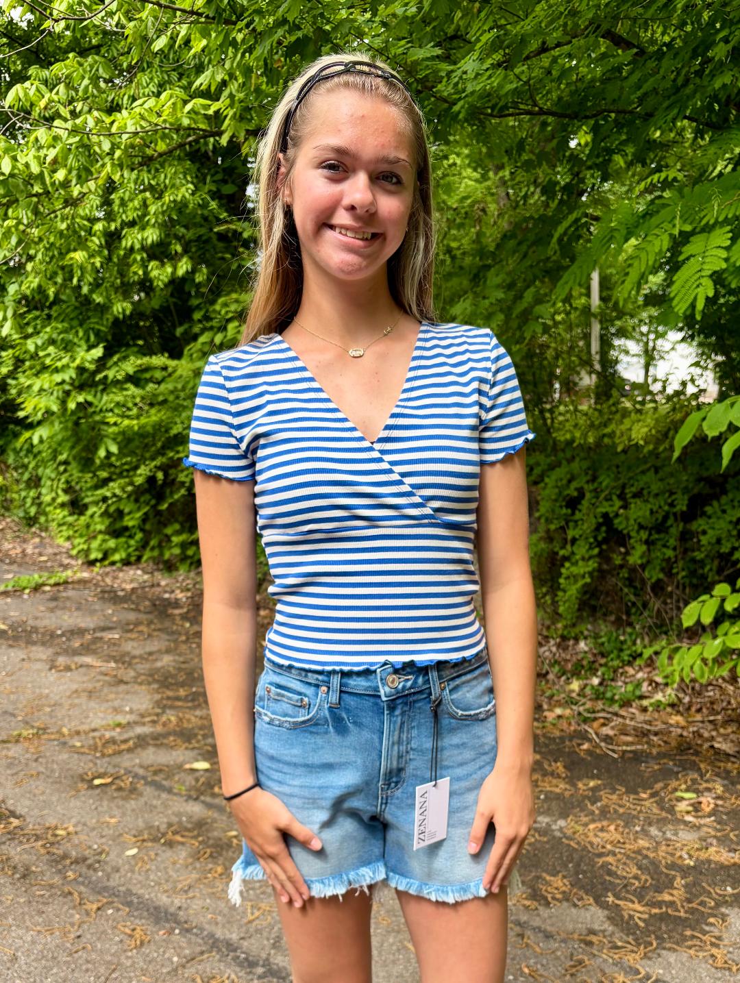 Royal Blue V-Neck Striped Short Sleeve Top