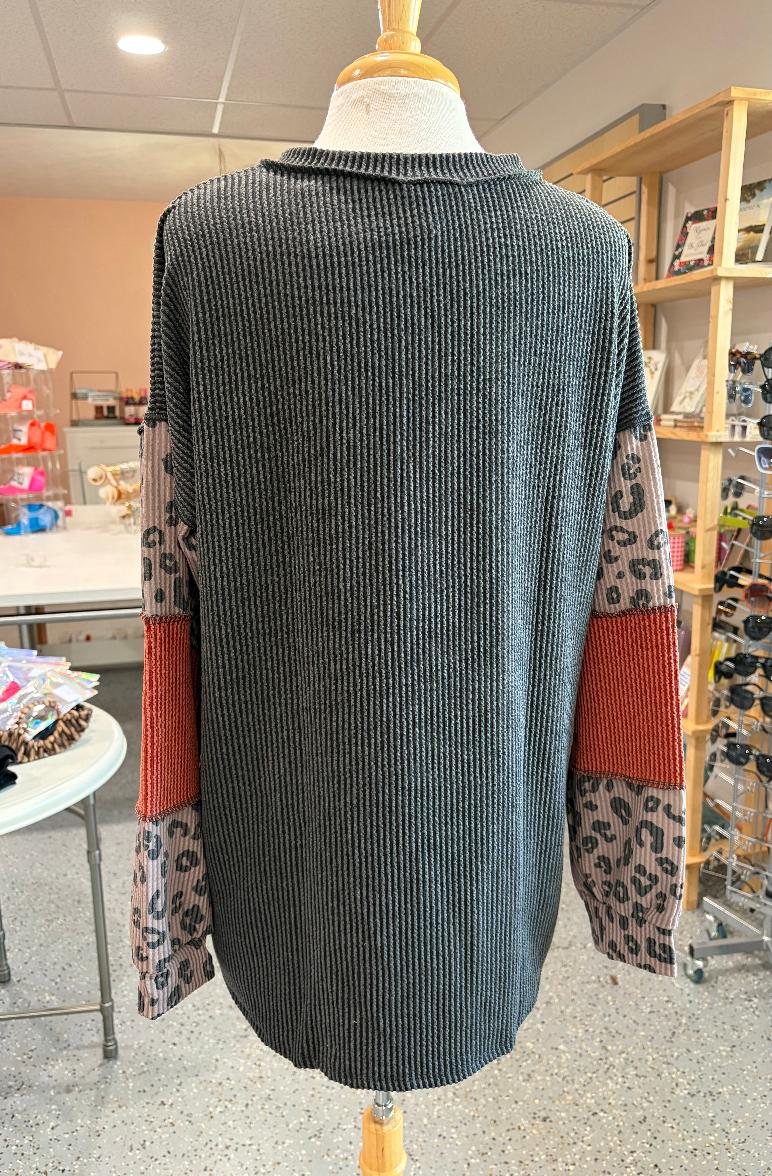 Leopard Color Block Ribbed Top