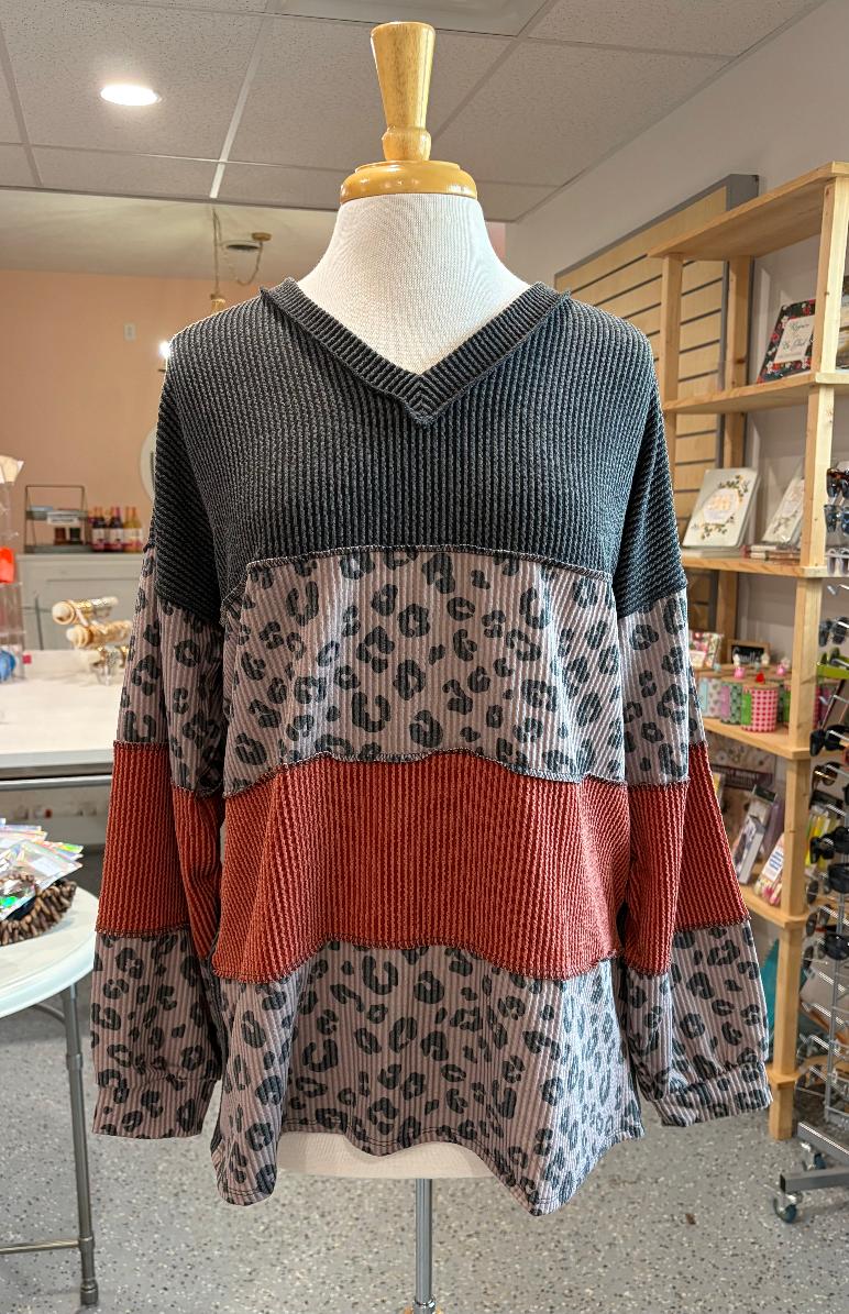 Leopard Color Block Ribbed Top