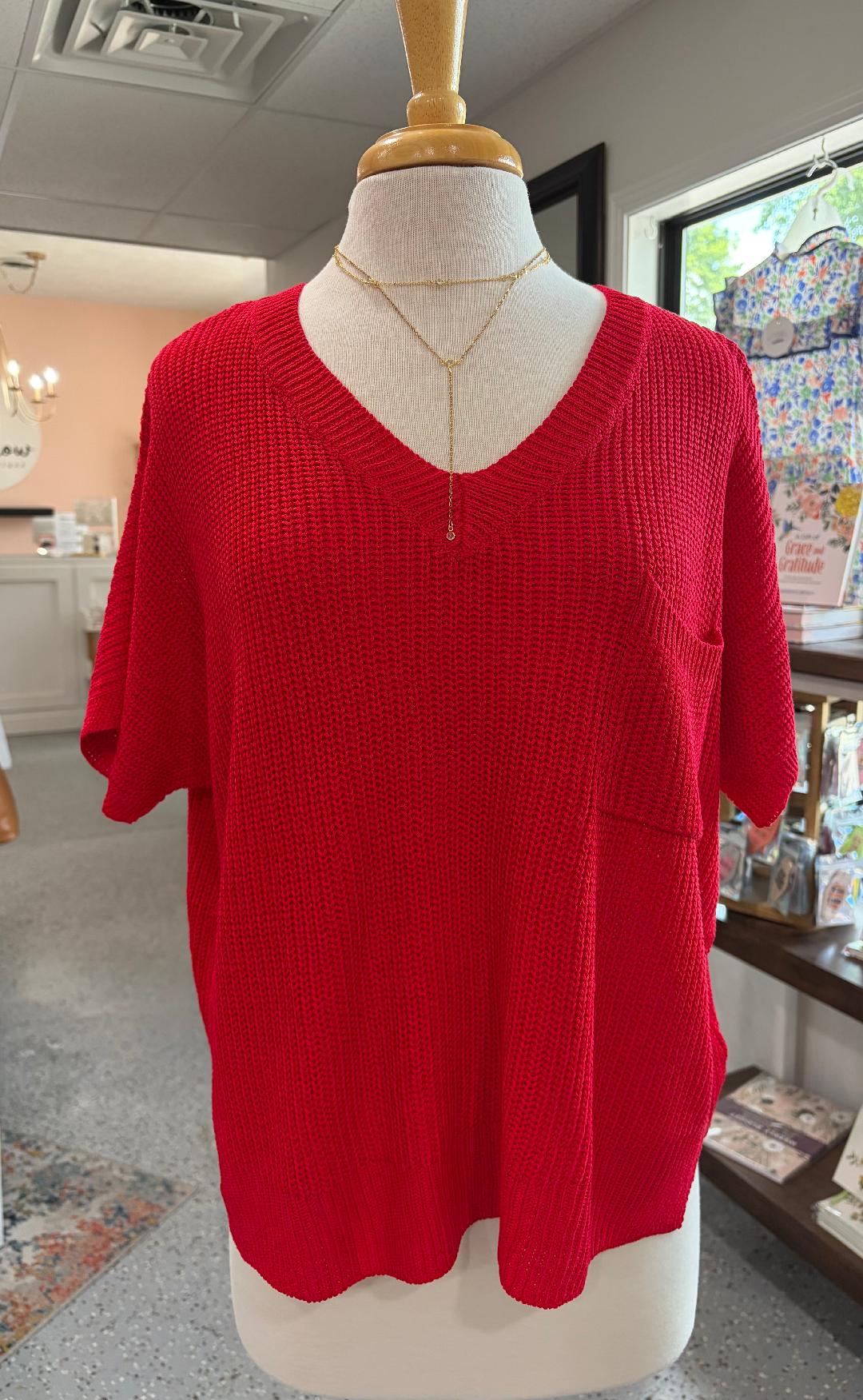 V-Neck Ribbed Short Sleeve Sweater Top