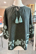 Embroidered Bubble Sleeve Cherry Print Blouse