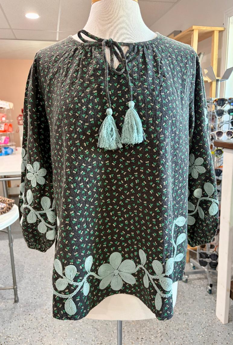 Embroidered Bubble Sleeve Cherry Print Blouse